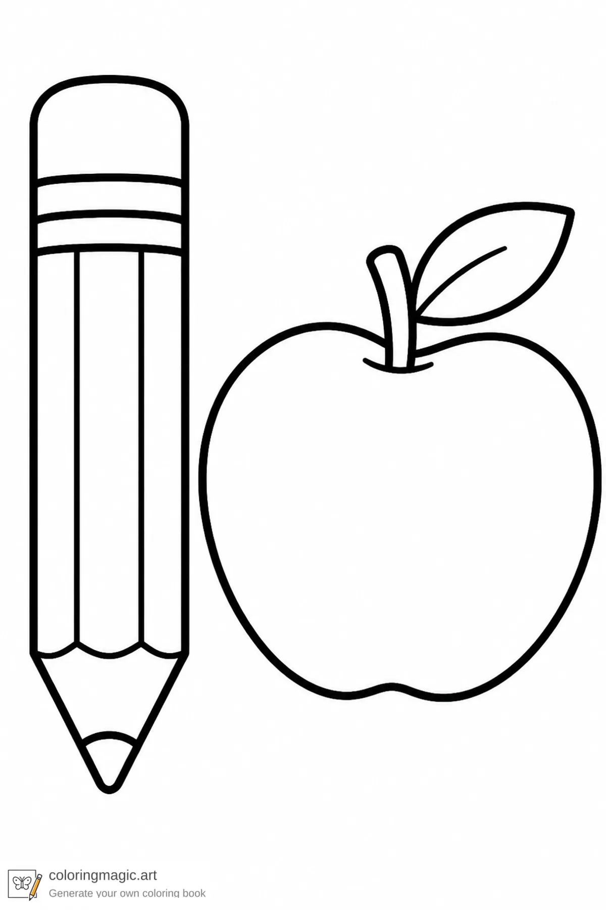 Toddler school coloring page of a large pencil beside a round apple with one leaf