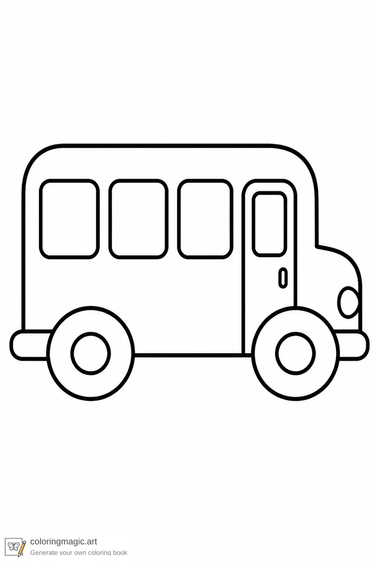 Toddler school coloring page of a simple side-view school bus with two wheels and three windows