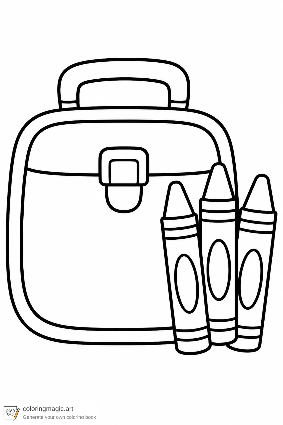 Toddler school coloring page of a rounded lunchbox with three large crayons beside it