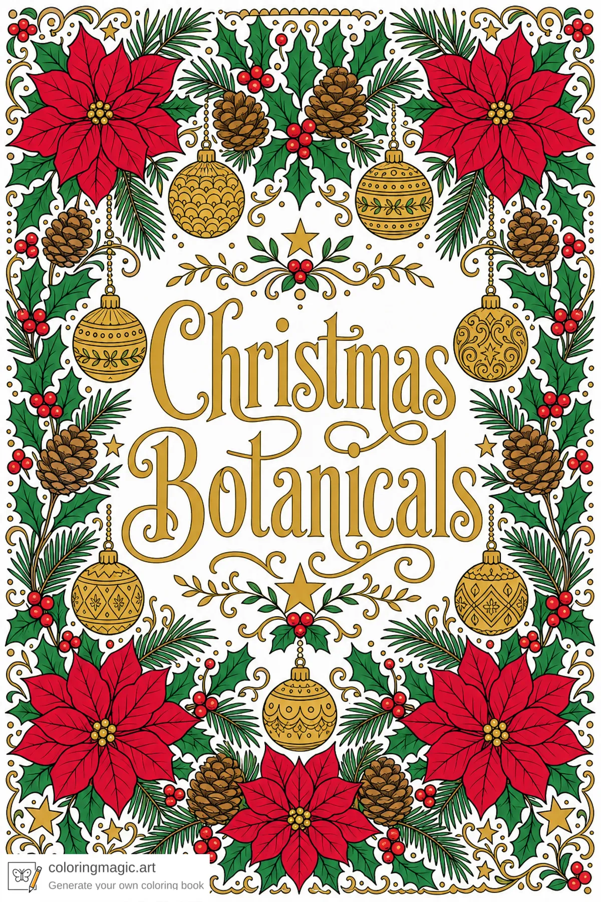 Christmas Botanicals adult coloring book front cover with holly, poinsettia, pinecones, and ornaments