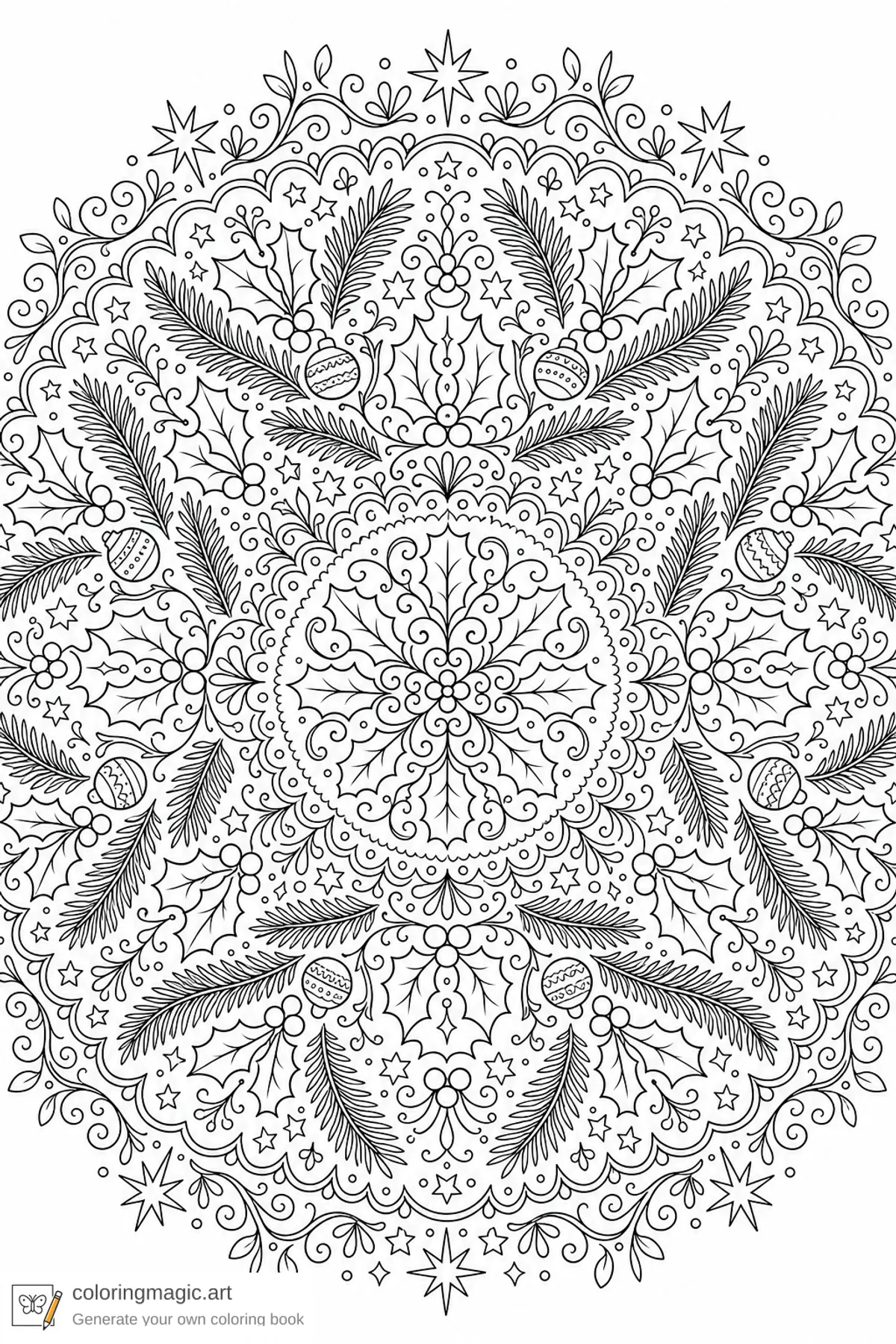 Adult Christmas mandala coloring page of holly leaves berry clusters and pine sprays in concentric rings