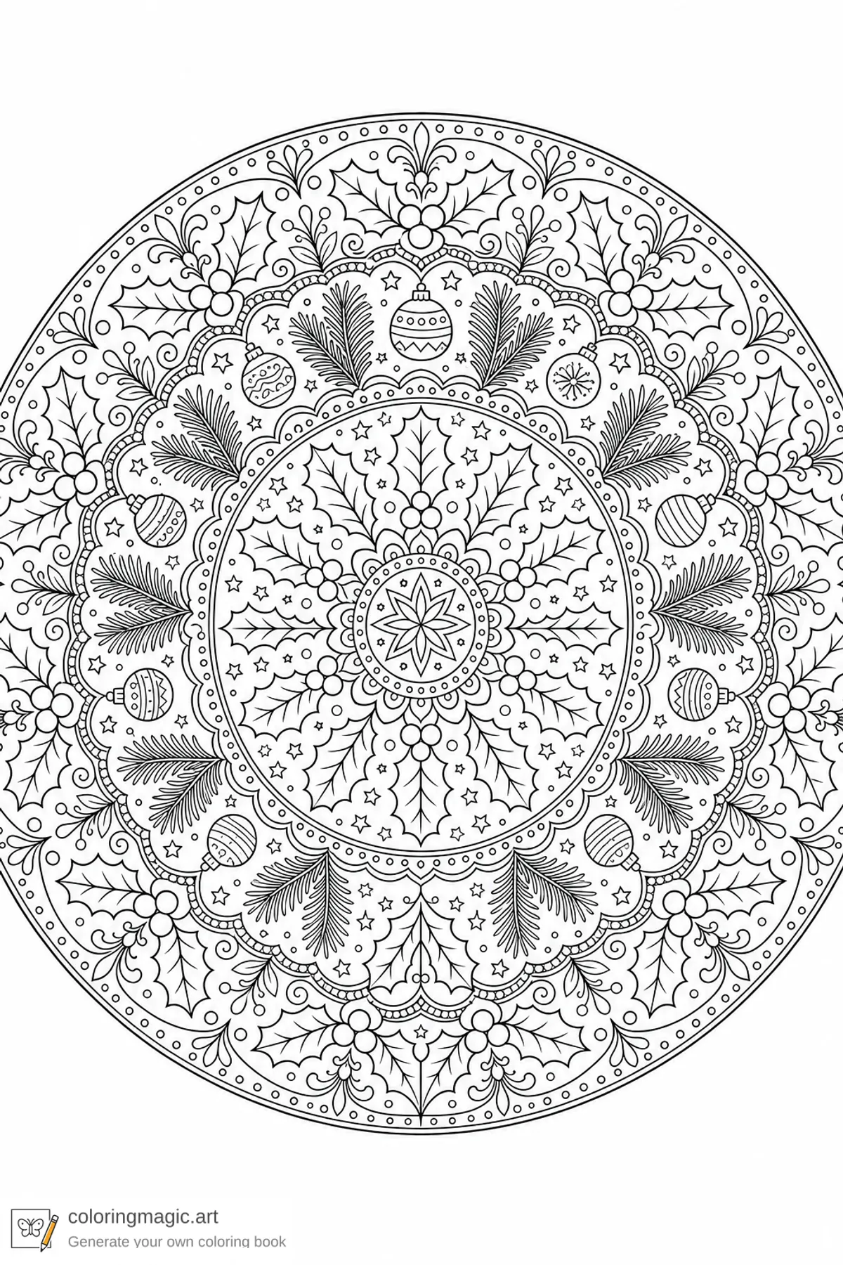 Adult Christmas mandala coloring page of holly pine stars scallops and ornament-like circles