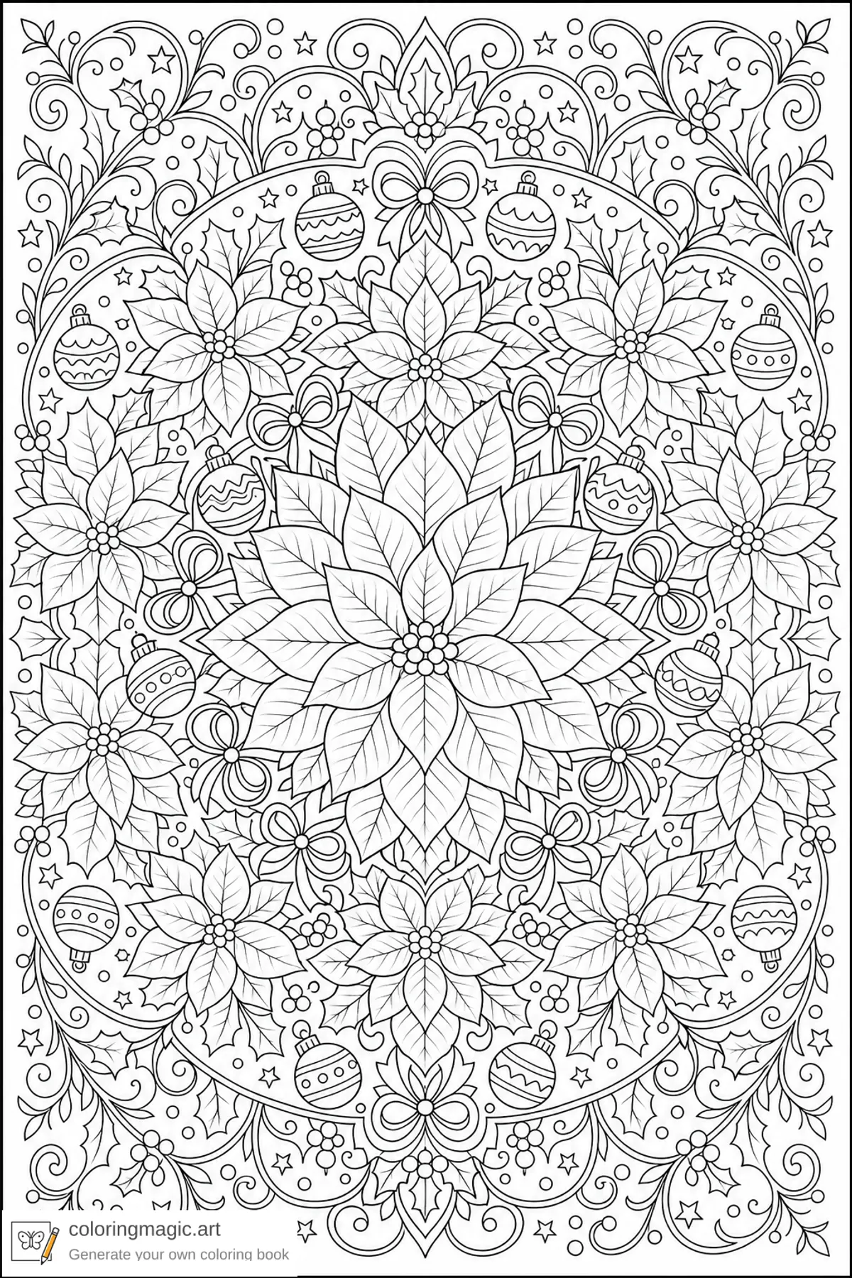 Adult Christmas poinsettia mandala coloring page with layered petals ornaments and bow-like loops