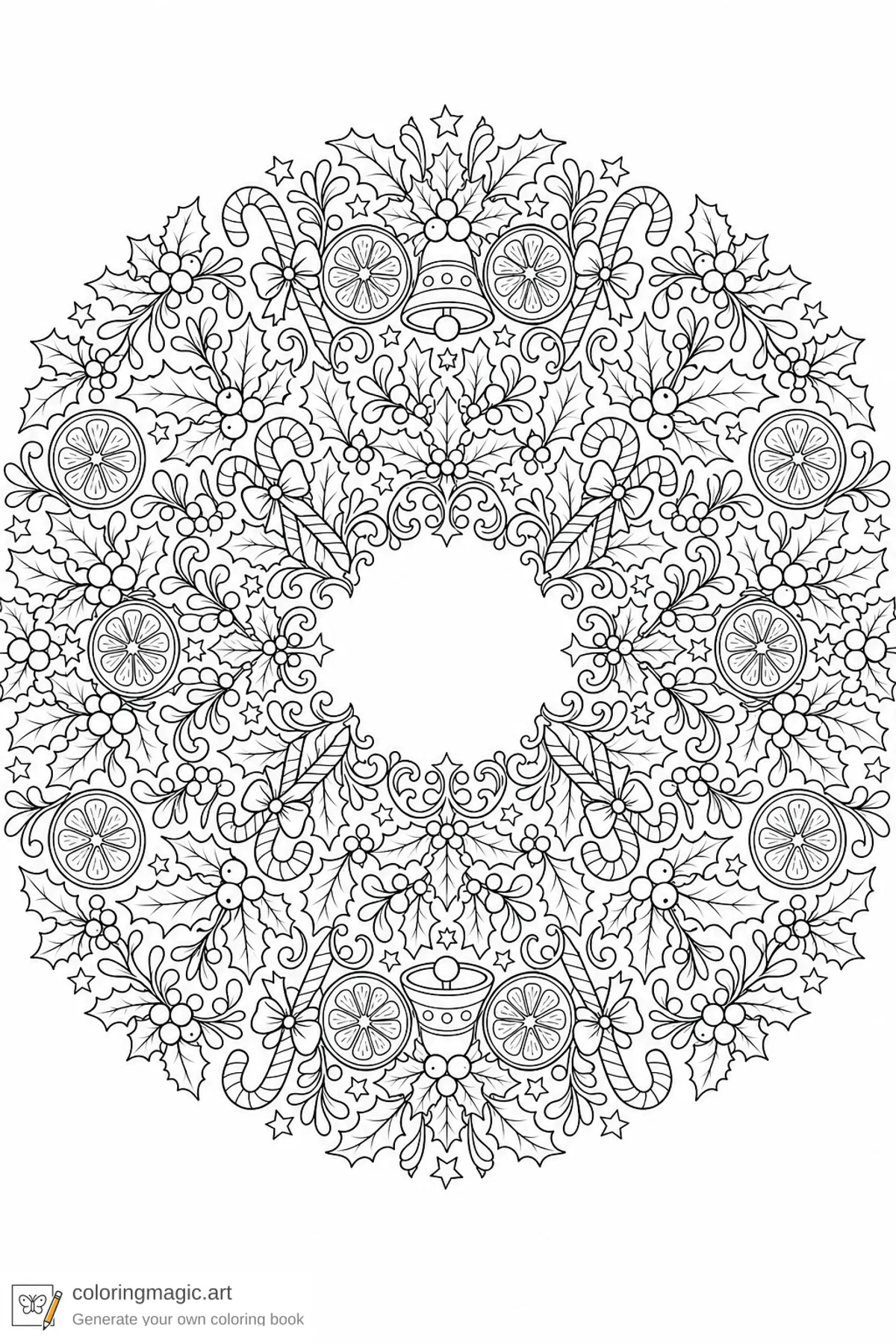 Adult Christmas wreath mandala coloring page with holly mistletoe candy canes dried orange slices and bells