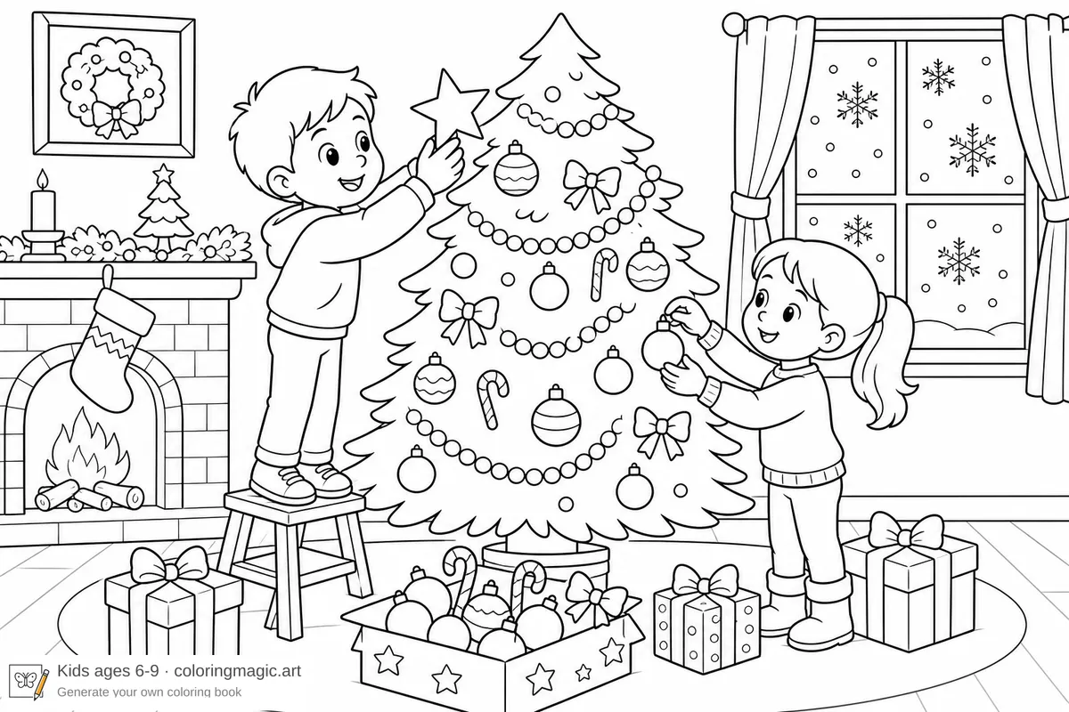 Two children decorating a Christmas tree with ornaments and star in a cozy living room with fireplace stocking and snow outside window coloring page for kids ages 6-9