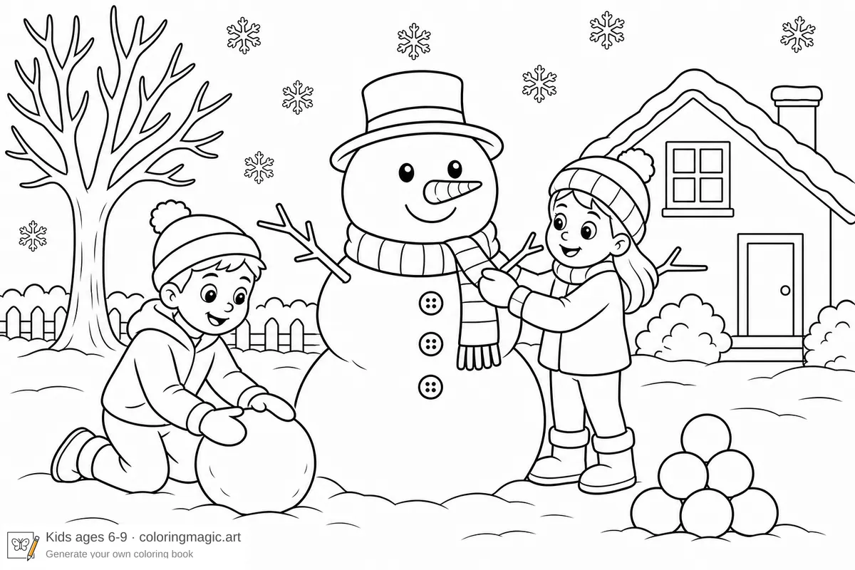 Two children building a snowman with carrot nose scarf and hat in a snowy yard with bare tree and house Christmas coloring page for elementary kids