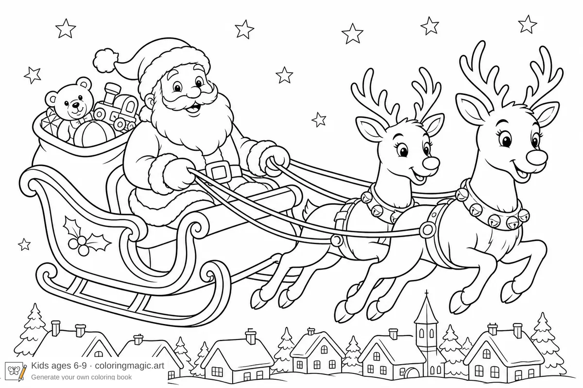 Santa in a sleigh with reindeer flying over rooftops with toy sack teddy bear and bells Christmas coloring page for kids ages 6-9