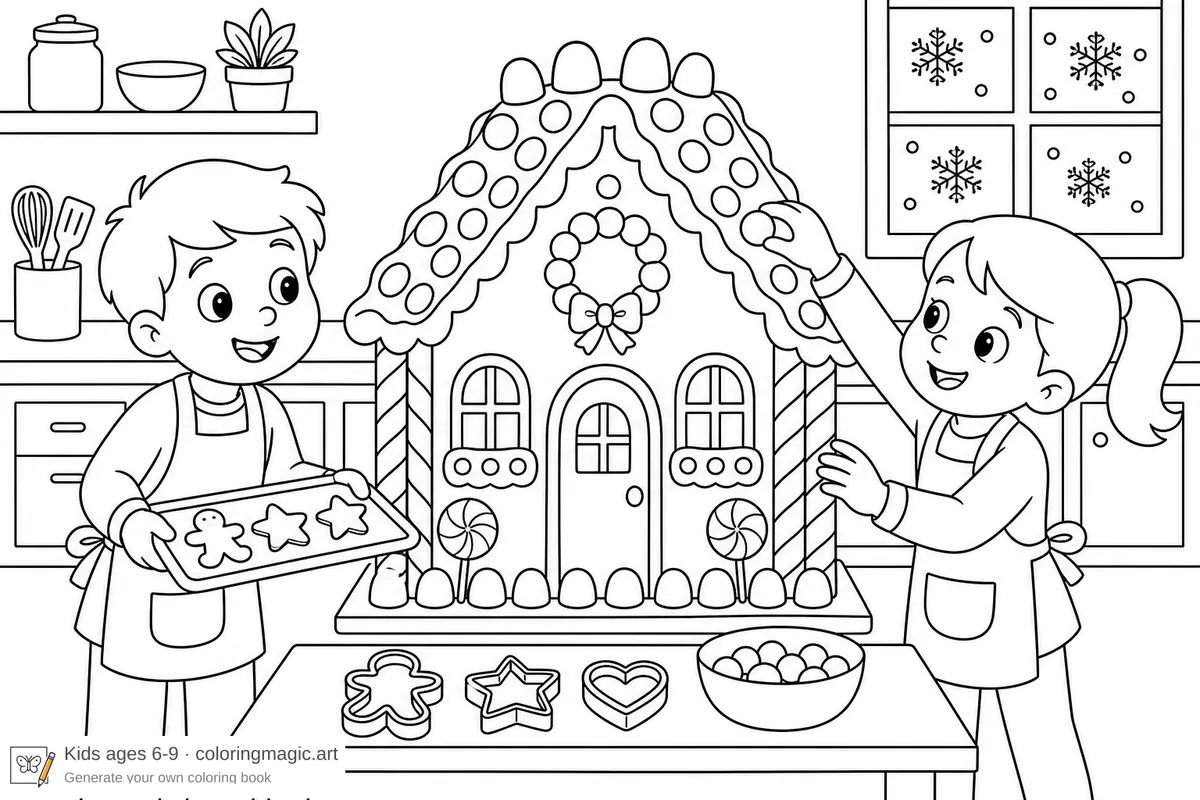 Two children decorating a gingerbread house with candy roof wreath and cookie tray in a kitchen with snow outside window Christmas coloring page for kids