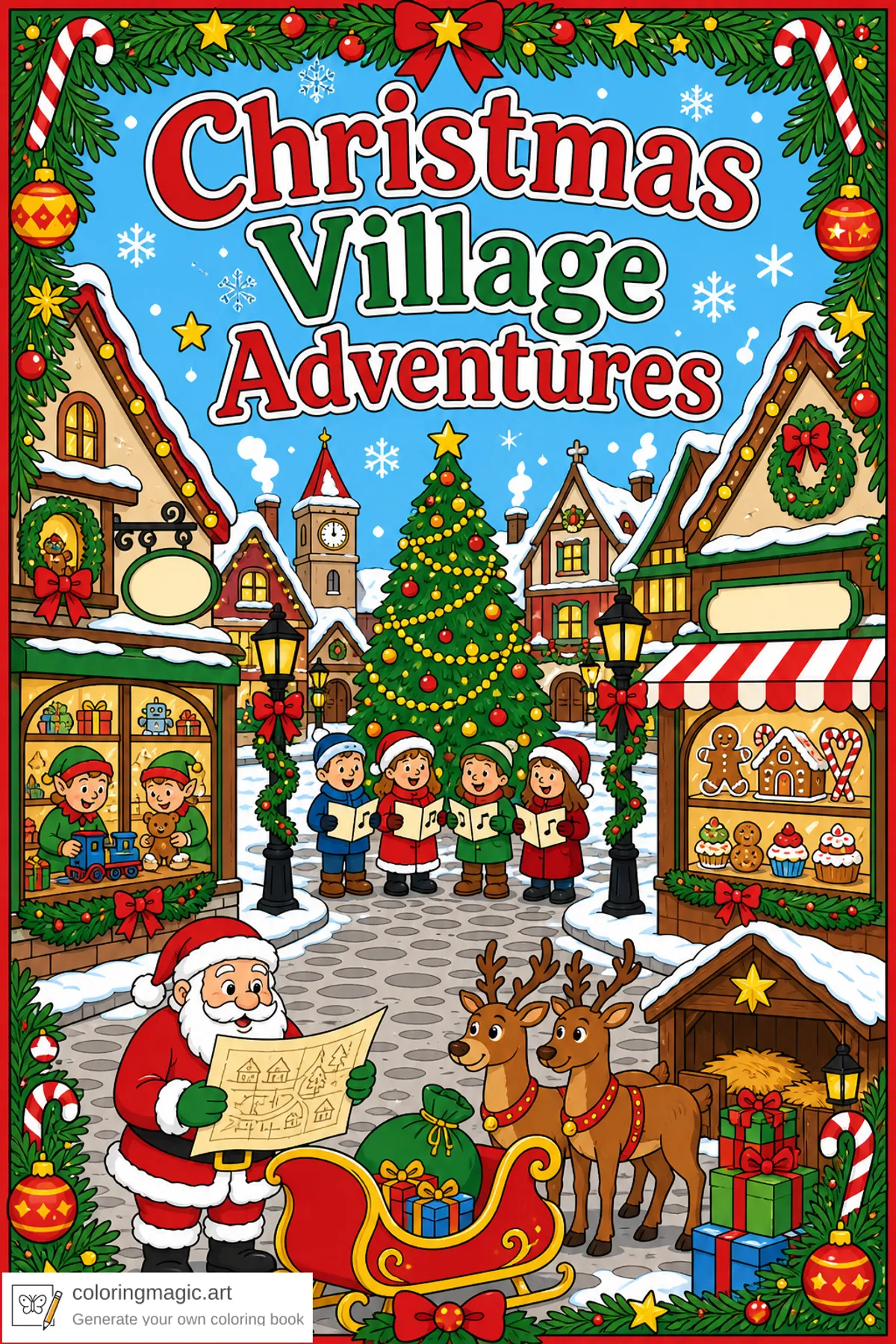Copertina del libro Avventure nel Villaggio di Natale con negozi innevati, albero, elfi, pasticceria e Babbo Natale con slitta