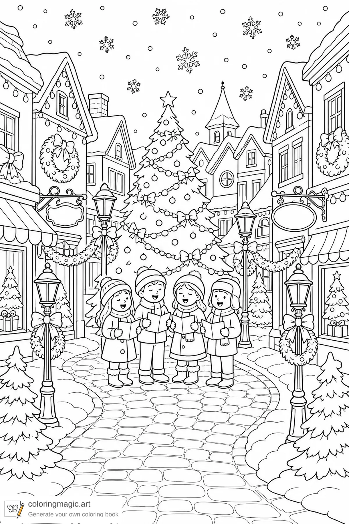 Pagina da colorare villaggio natalizio con una strada innevata con negozi decorati cantori lampioni e un grande albero