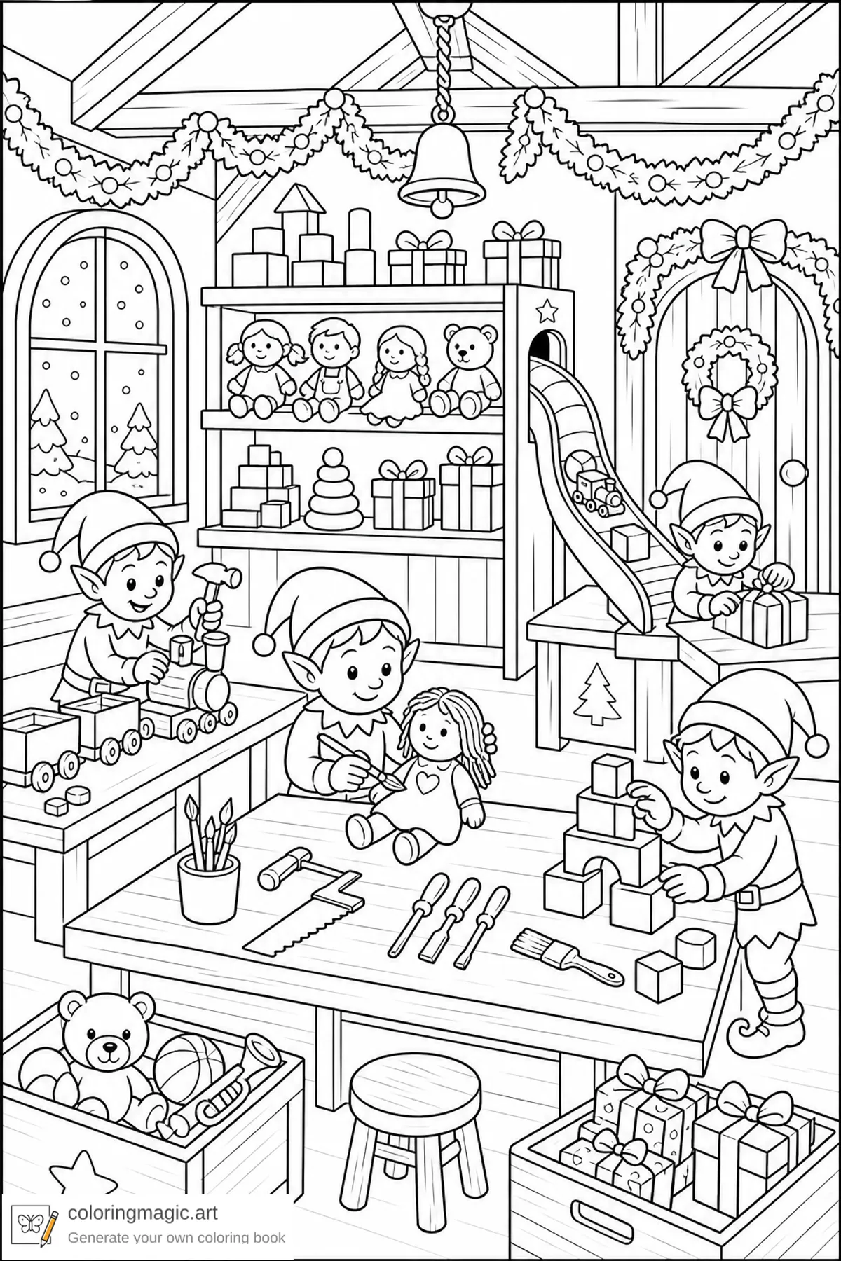 Pagina da colorare laboratorio degli elfi natalizi con piccoli elfi che costruiscono giocattoli scaffali ghirlande e uno scivolo per i pacchi