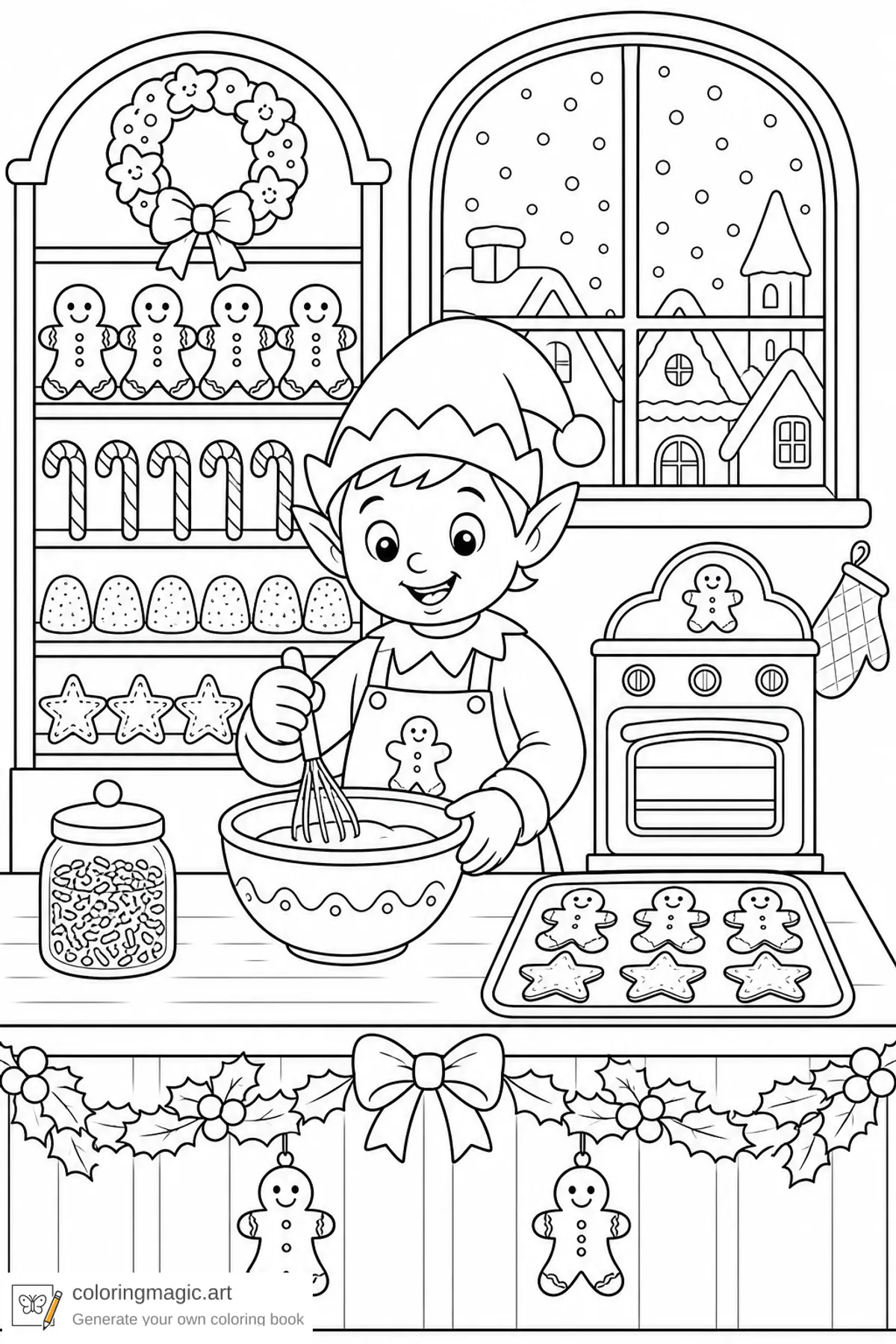 Pagina da colorare pasticceria pan di zenzero natalizio con elfo pasticciere biscotti caramelle e vetrina innevata