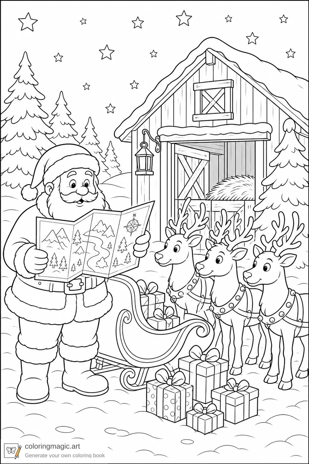 Pagina da colorare natalizia con Babbo Natale che controlla una grande mappa vicino alla slitta renne regali e una stalla