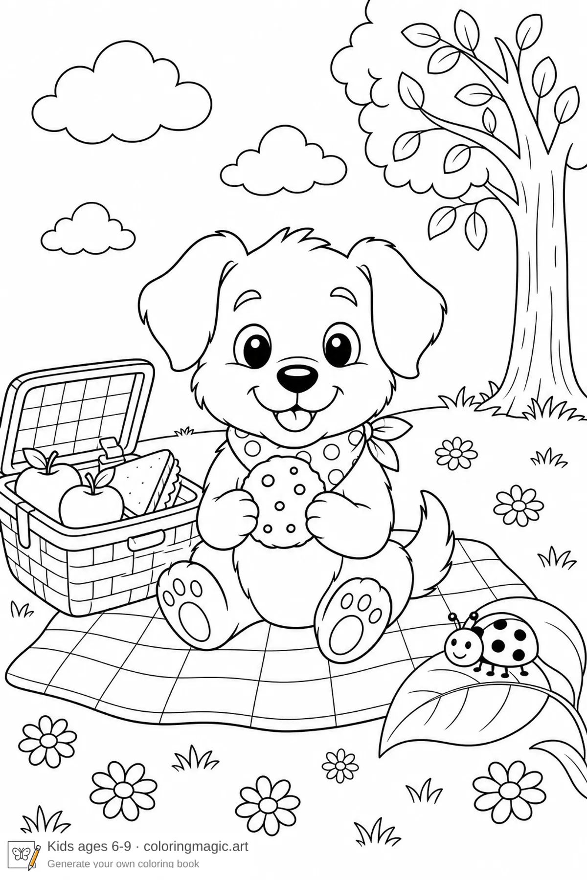 Cute puppy on a picnic blanket coloring page with cookie basket apples and ladybug for kids