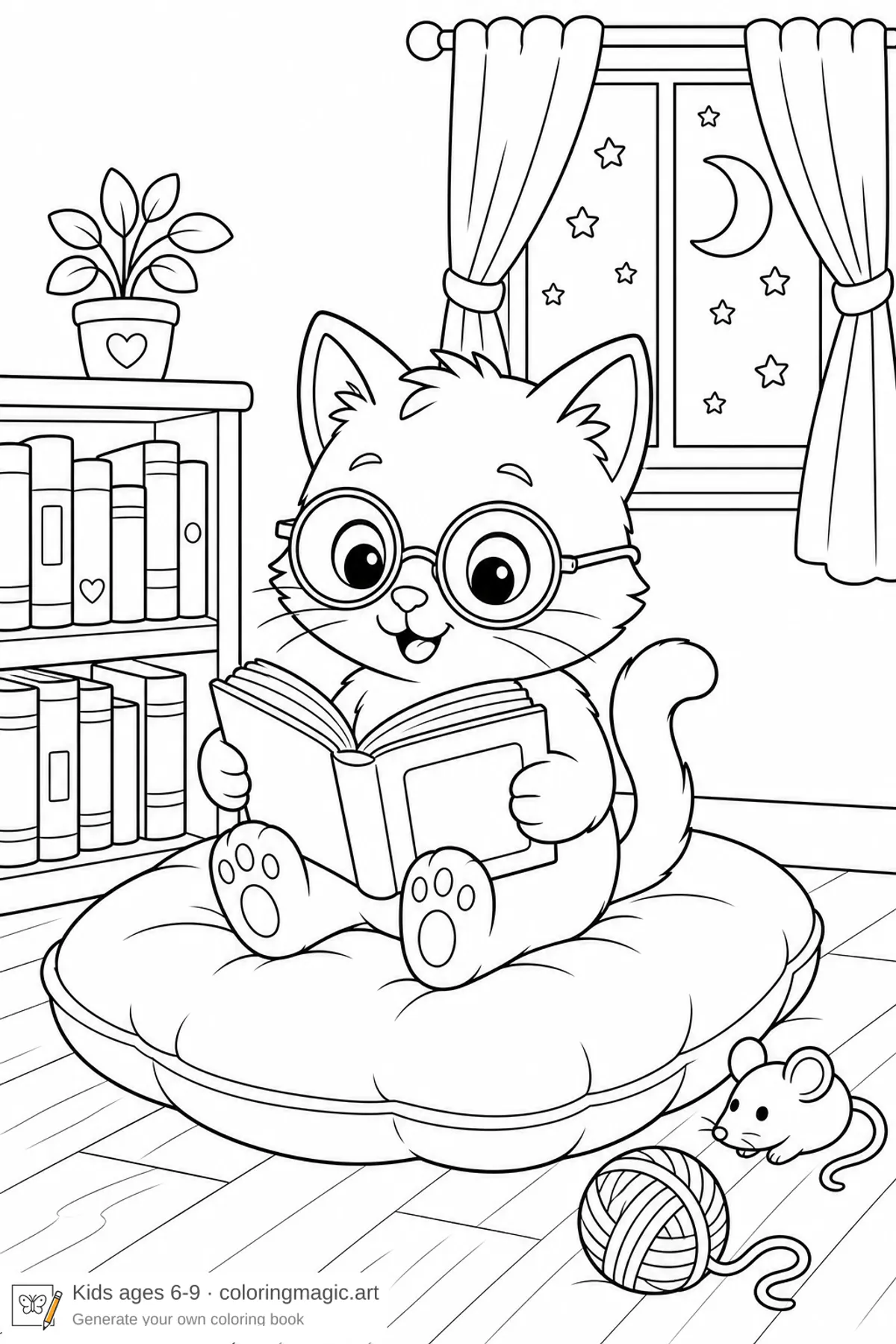 Cute kitten with glasses reading a book on a cushion coloring page with bookshelf and moon window