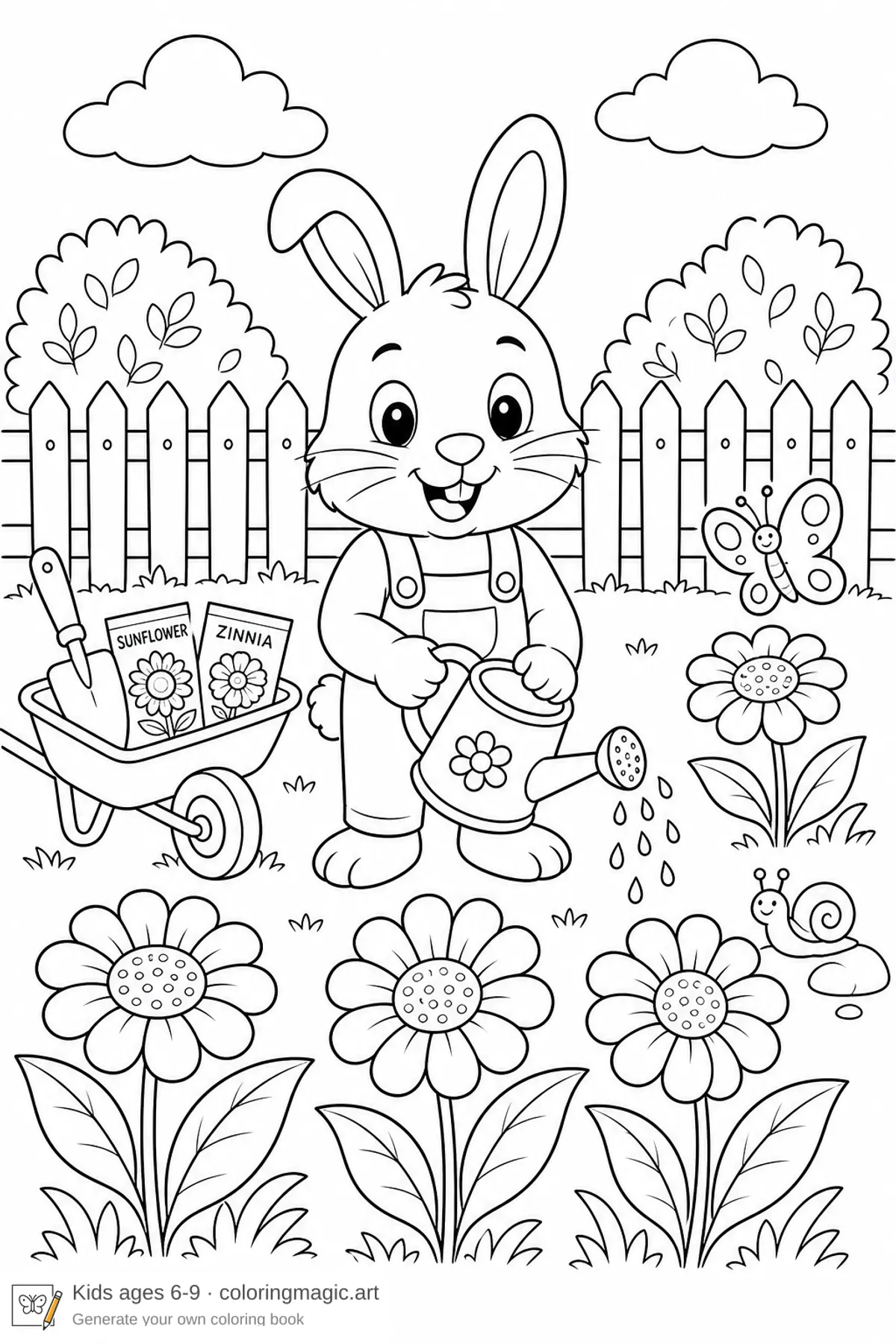 Cheerful bunny watering flowers coloring page with wheelbarrow butterfly and garden fence for kids
