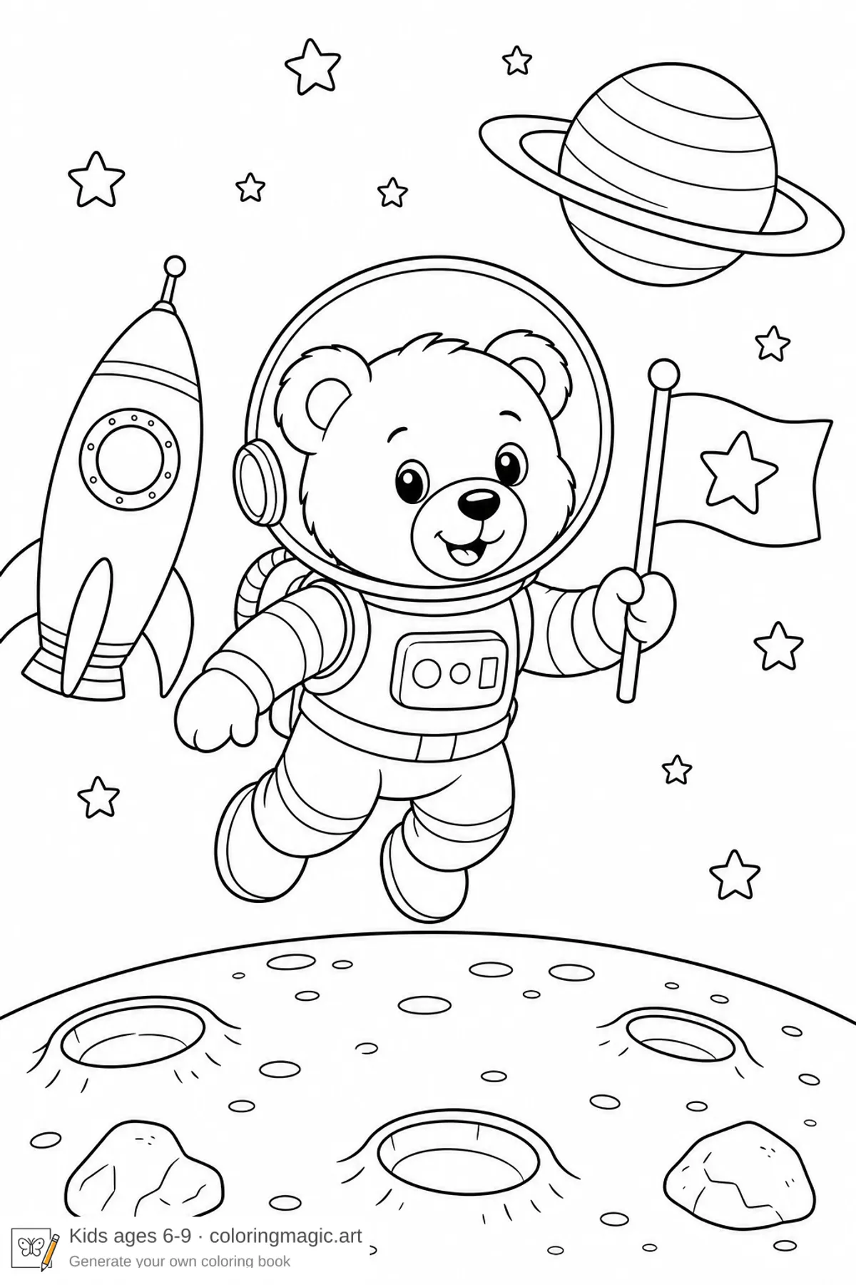 Cute teddy bear astronaut coloring page with rocket ship ringed planet and moon surface for kids