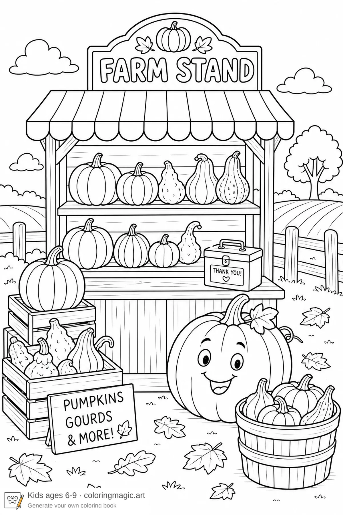 Dibujo para colorear de un puesto de calabazas con calabazas apiladas, caja y una calabaza sonriente