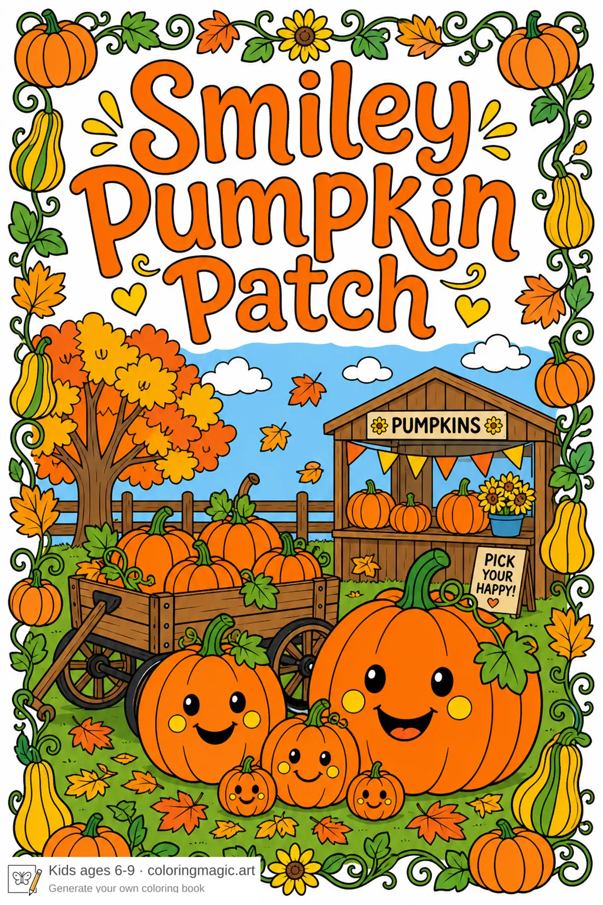 Portada dibujo para colorear Smiley Pumpkin Patch con calabazas sonrientes, carrito y puesto