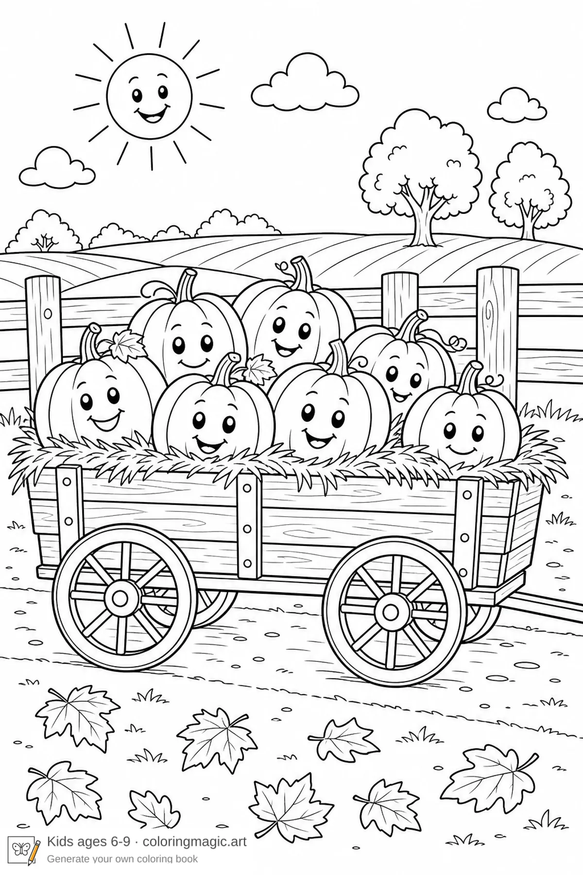 Dibujo para colorear de un carro de heno lleno de calabazas sonrientes junto a una valla