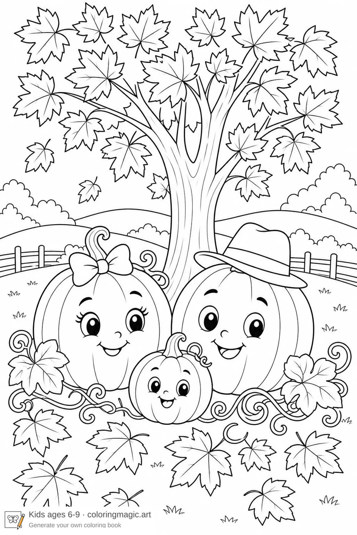 Dibujo para colorear de una familia de calabazas bajo un arce con hojas cayendo