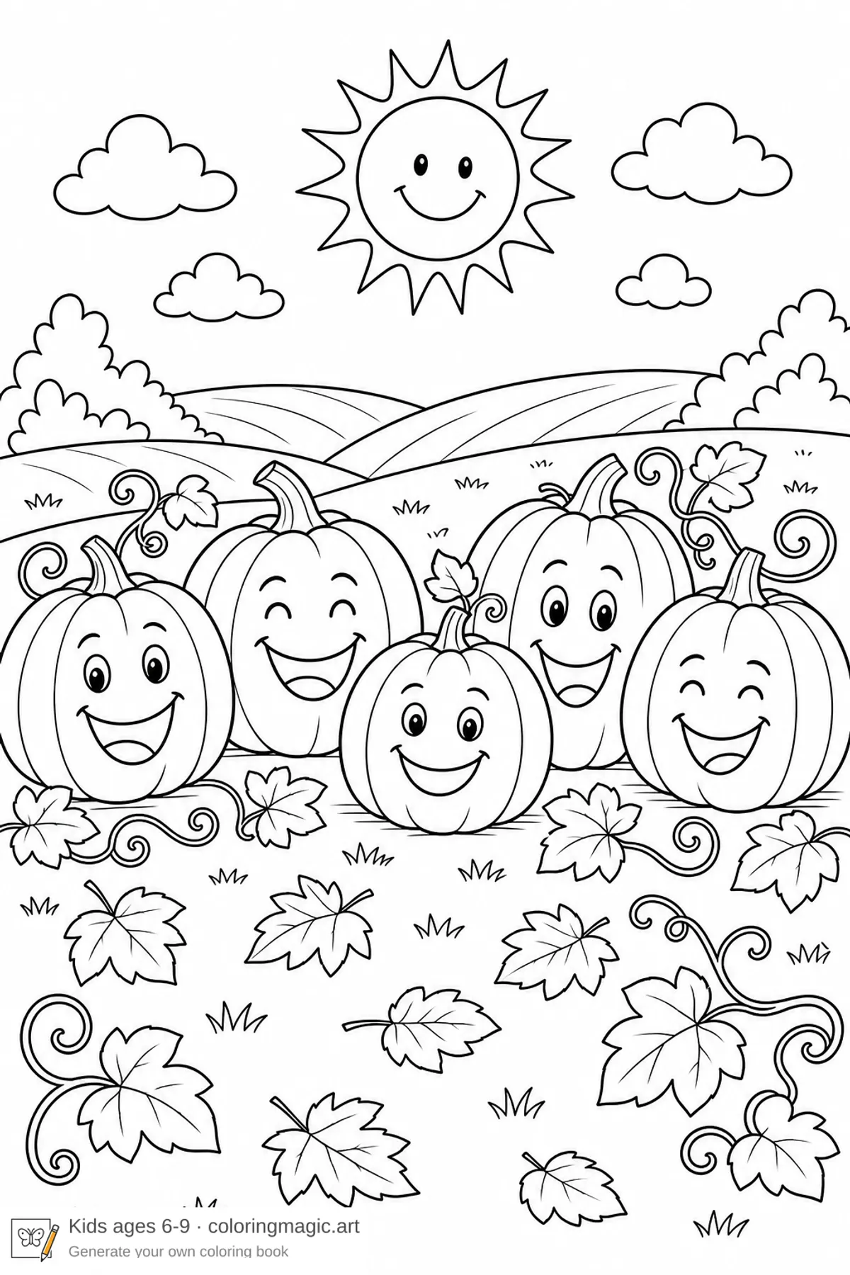 Dibujo para colorear de un calabazal con cinco calabazas sonrientes en un campo de otoño