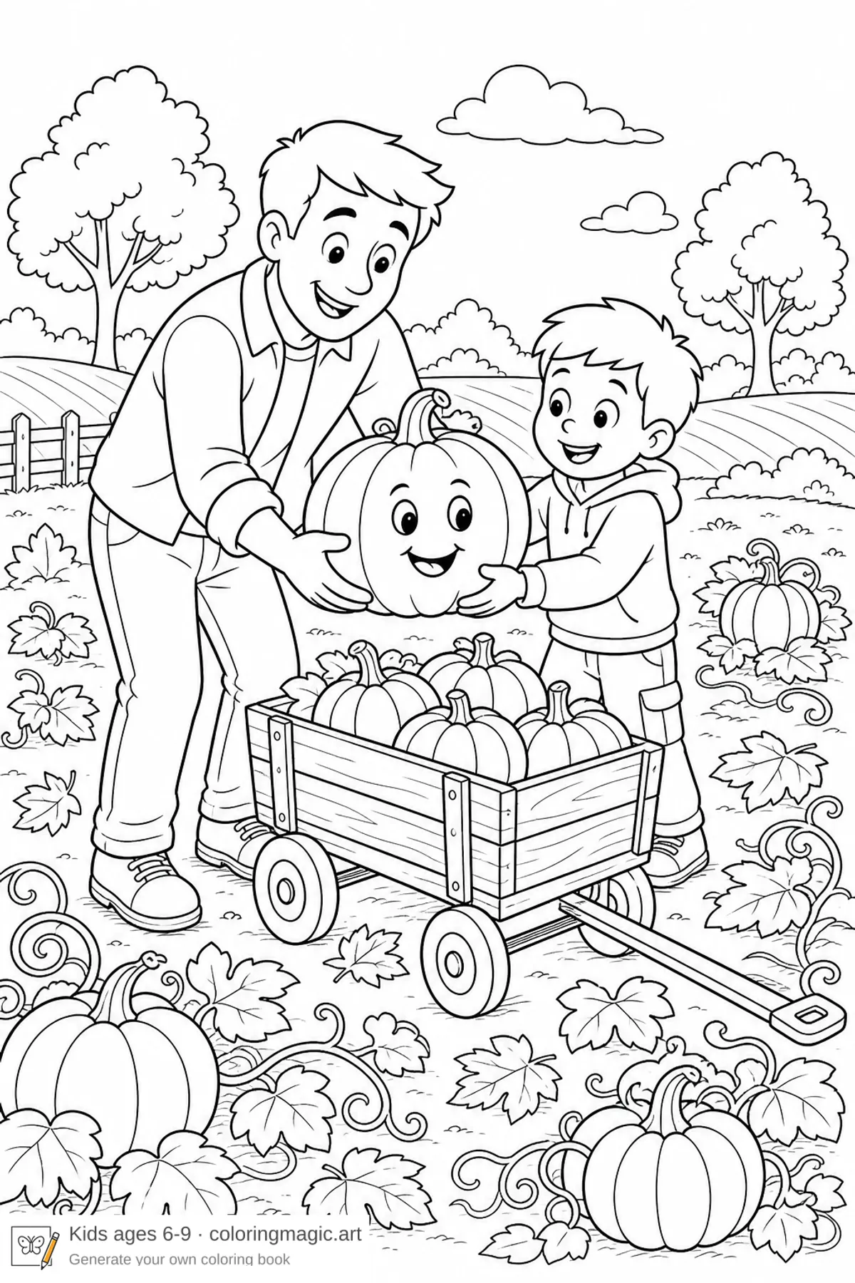 Dibujo para colorear de un adulto y un niño subiendo una calabaza sonriente a un carrito