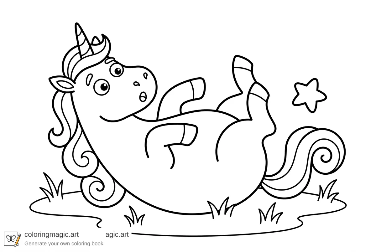 Pagina da colorare con simpatico unicorno sorpreso che rotola su un prato per bambini