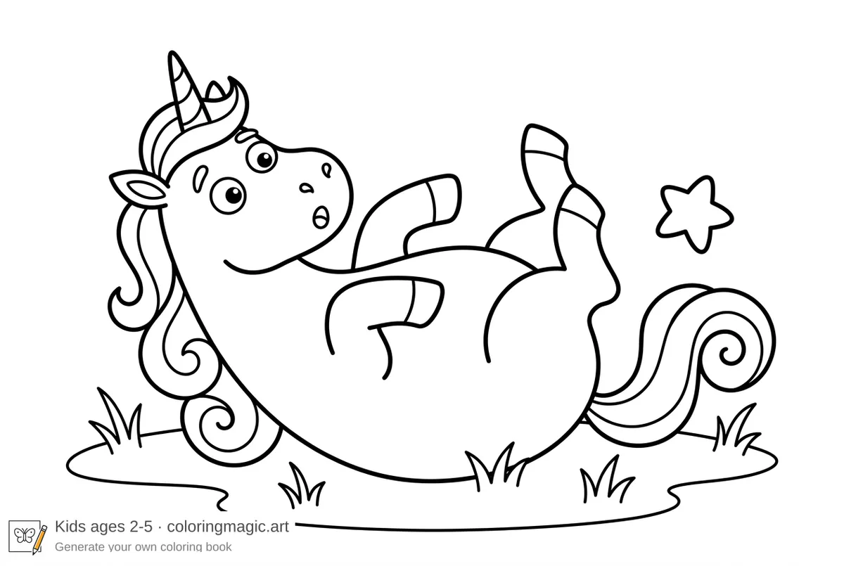 Pagina da colorare con simpatico unicorno sorpreso che rotola sull'erba con piccola stella per bambini