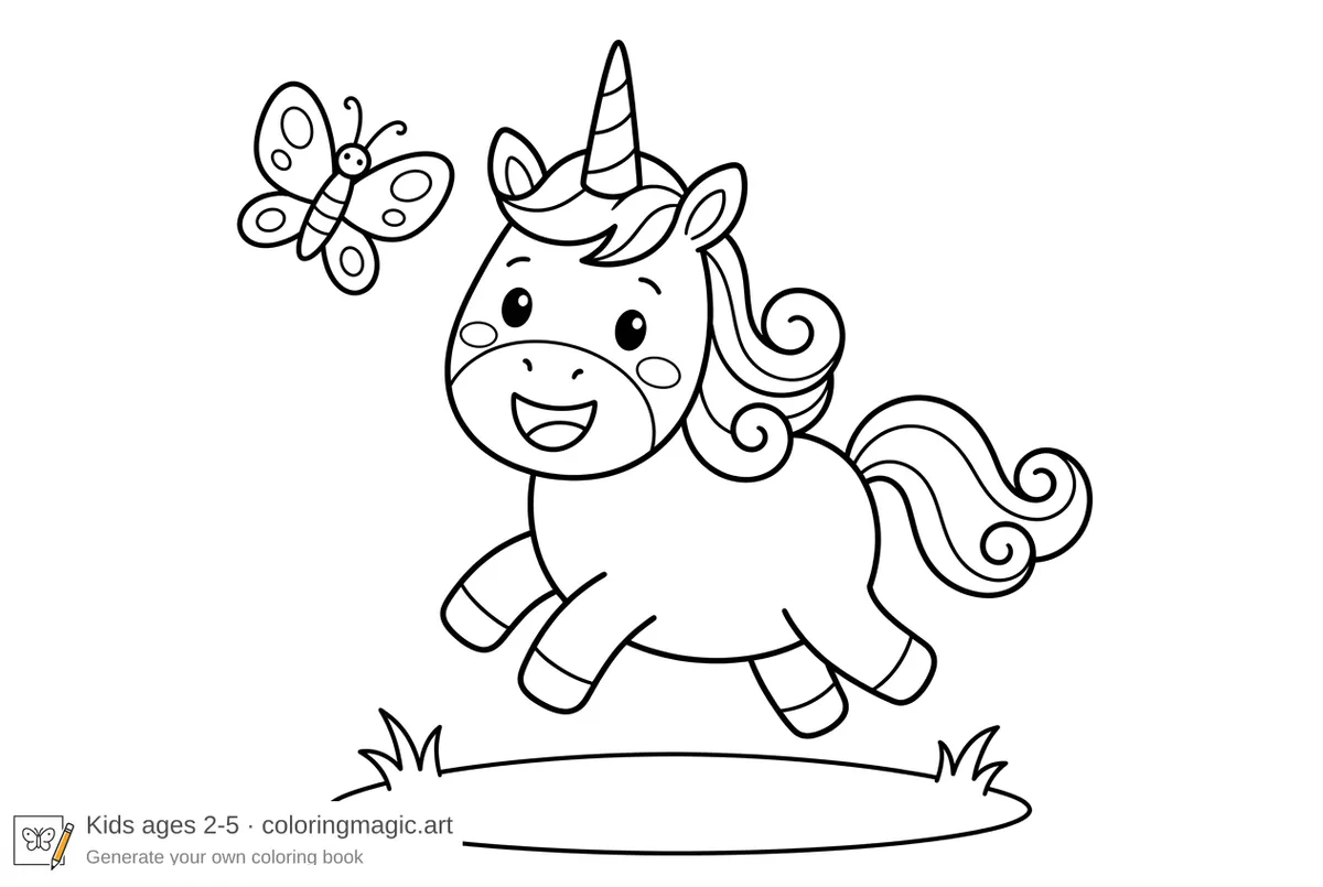 Disegno da colorare con unicorno sorridente che salta in un prato e grande farfalla per bambini