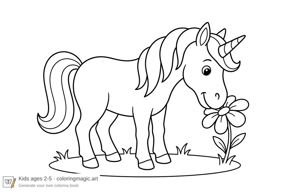 Pagina da colorare con simpatico unicorno che annusa un fiore sovradimensionato per bambini piccoli
