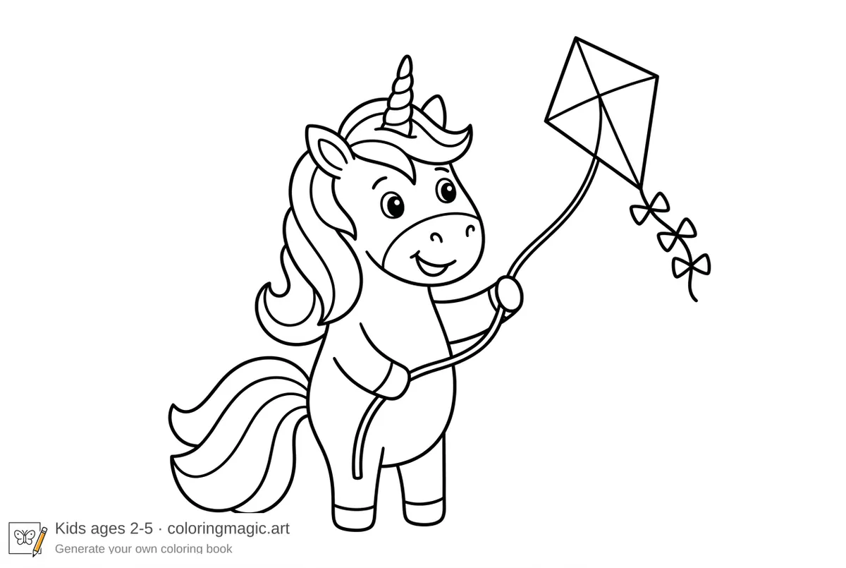Disegno da colorare con unicorno giocoso che tiene il filo di un aquilone a rombo per bambini