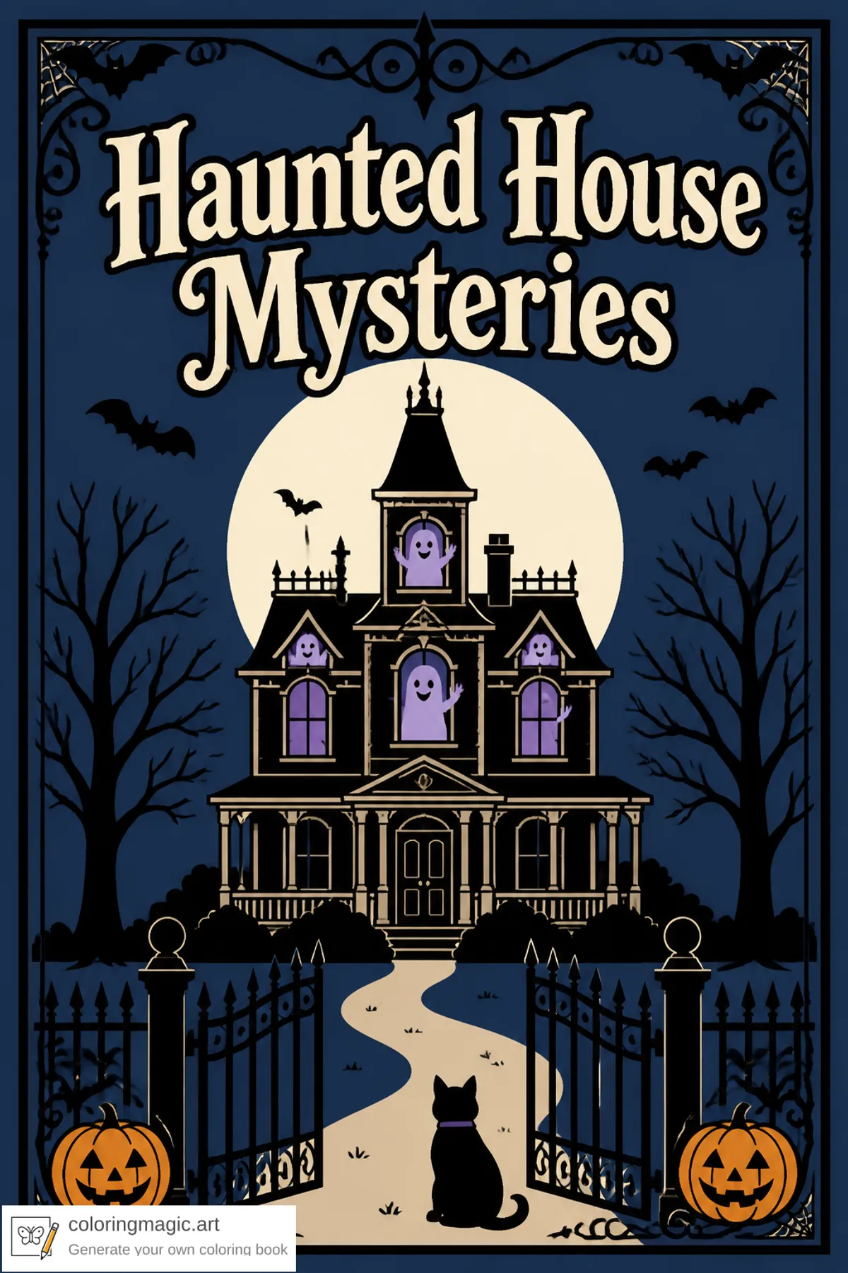 Haunted House Mysteries coloring page front cover with moonlit Victorian mansion ghosts black cat and gate