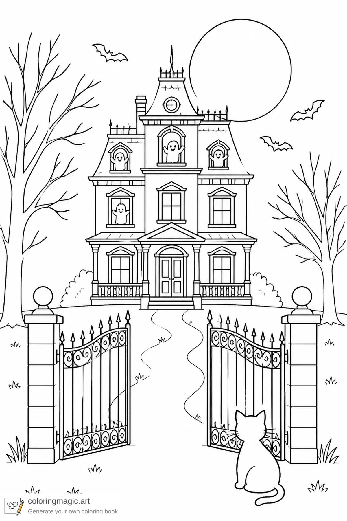 Haunted house coloring page of a moonlit Victorian mansion with friendly ghosts black cat bats and wrought-iron gate
