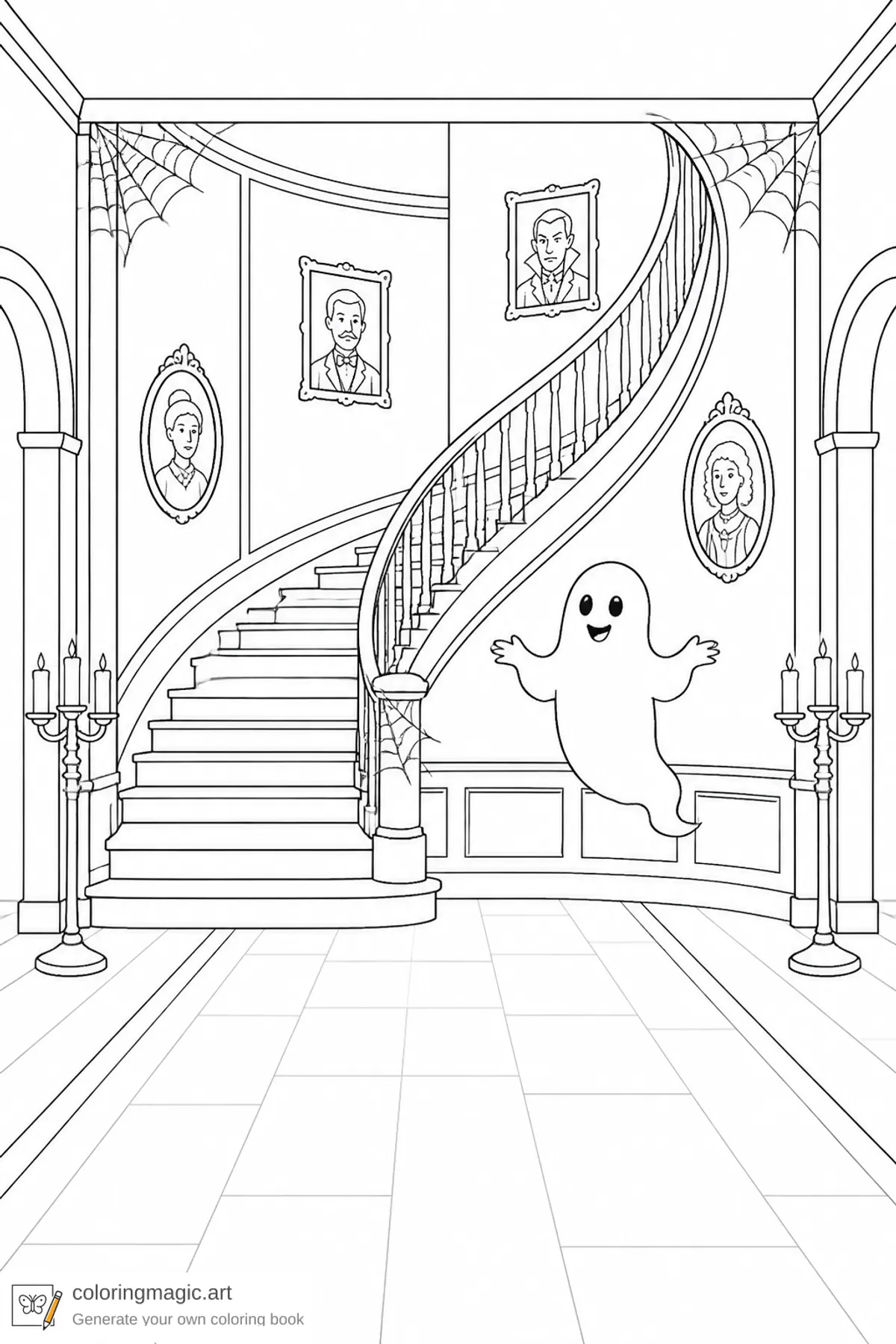 Haunted house coloring page of a grand hallway with sweeping staircase portraits cobwebs and a friendly ghost