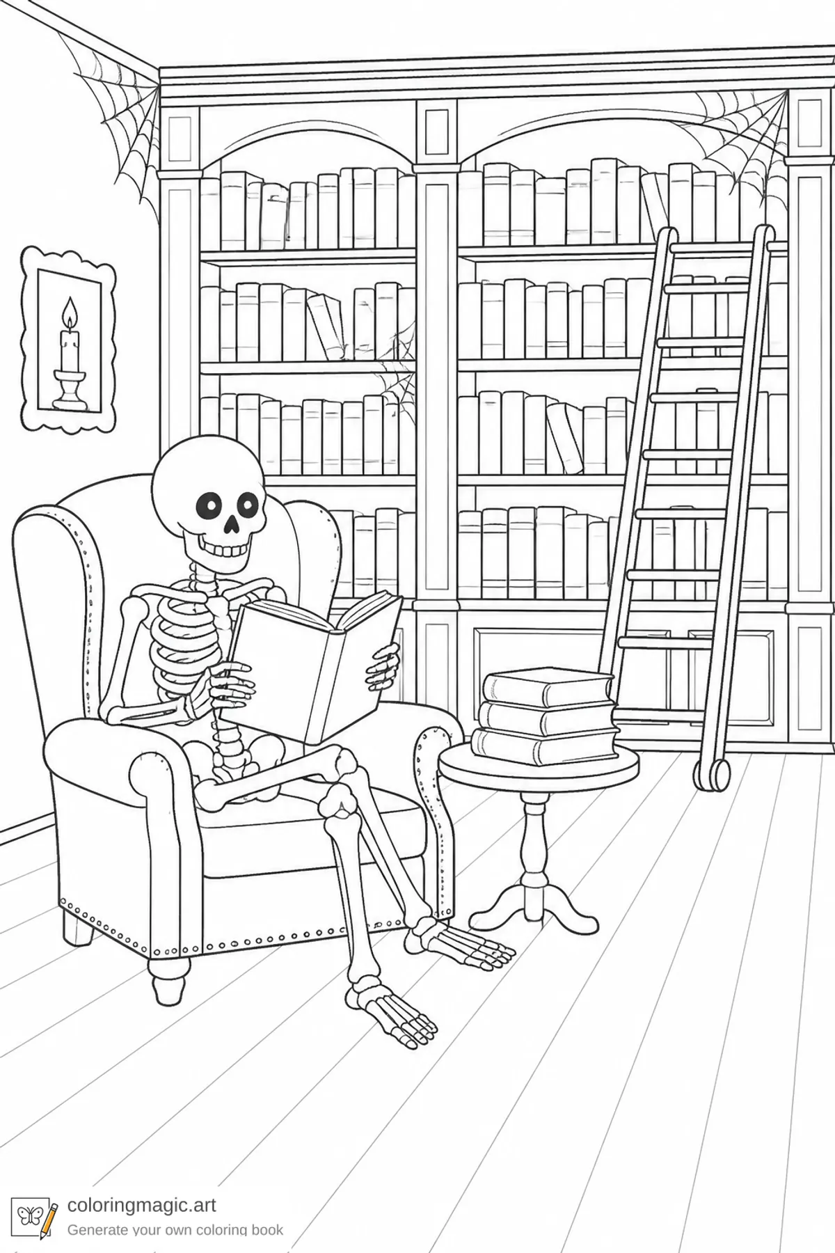 Haunted house coloring page of an old library with tall shelves rolling ladder and a friendly skeleton reading
