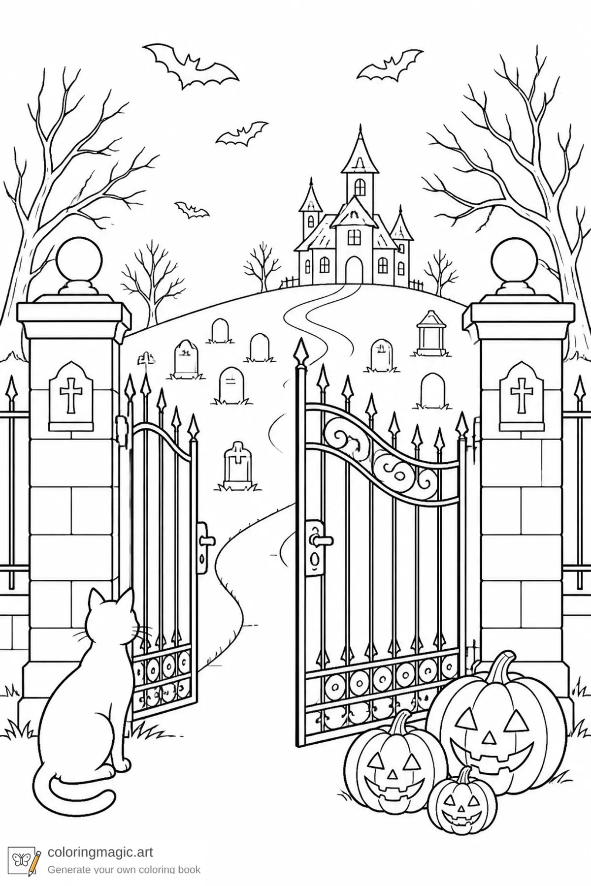 Haunted house coloring page of a wrought-iron graveyard gate with black cat pumpkins gravestones and bats
