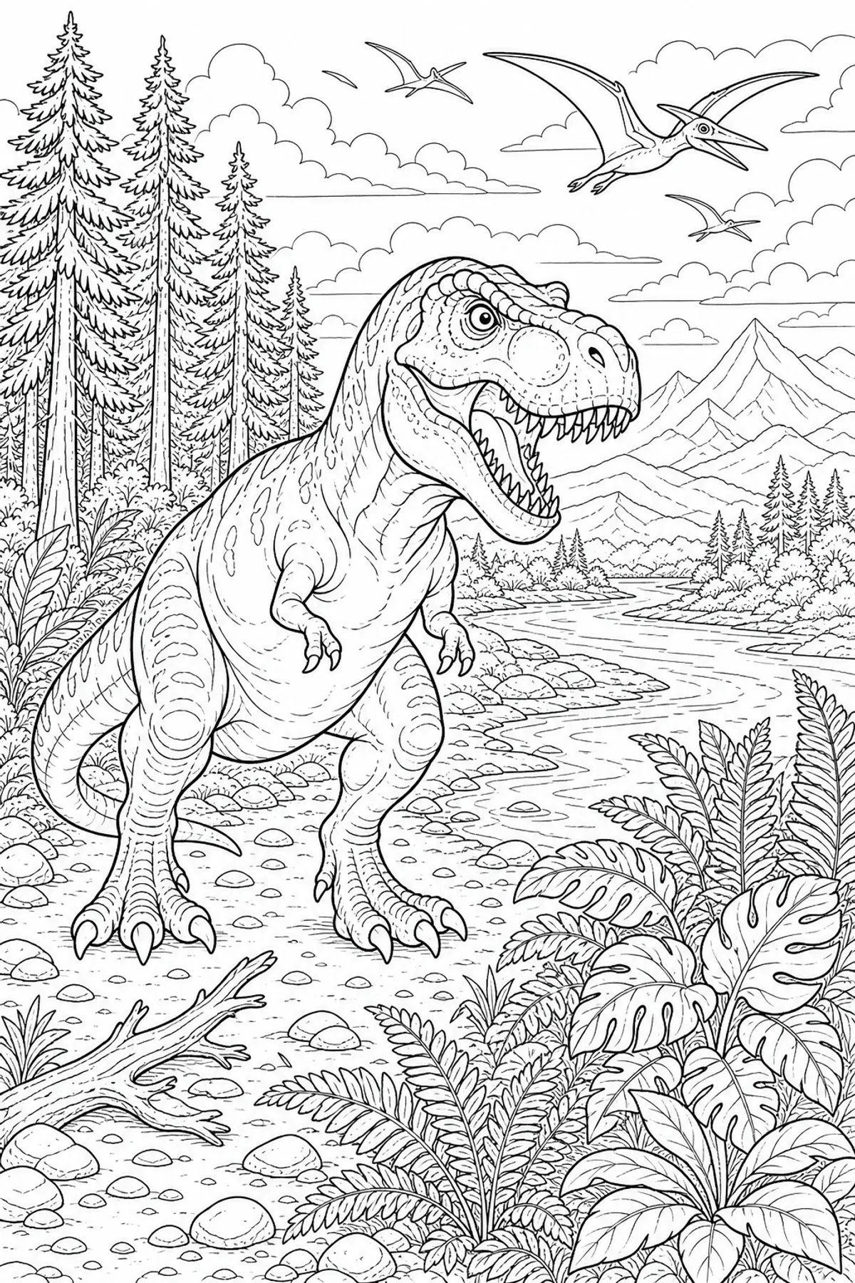 Detailed T-Rex on a riverbank coloring page for kids ages 10 to 12