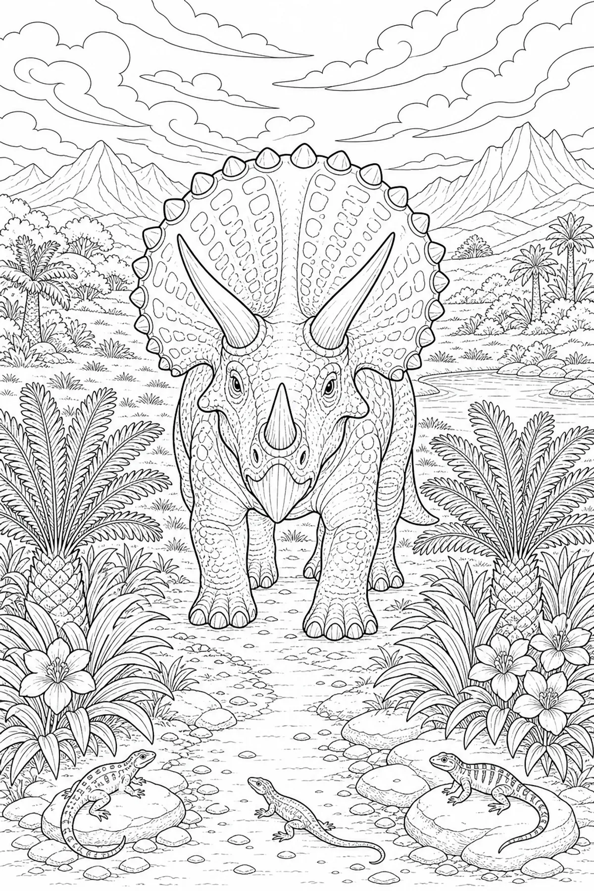 Detailed Triceratops in a meadow coloring page for older kids