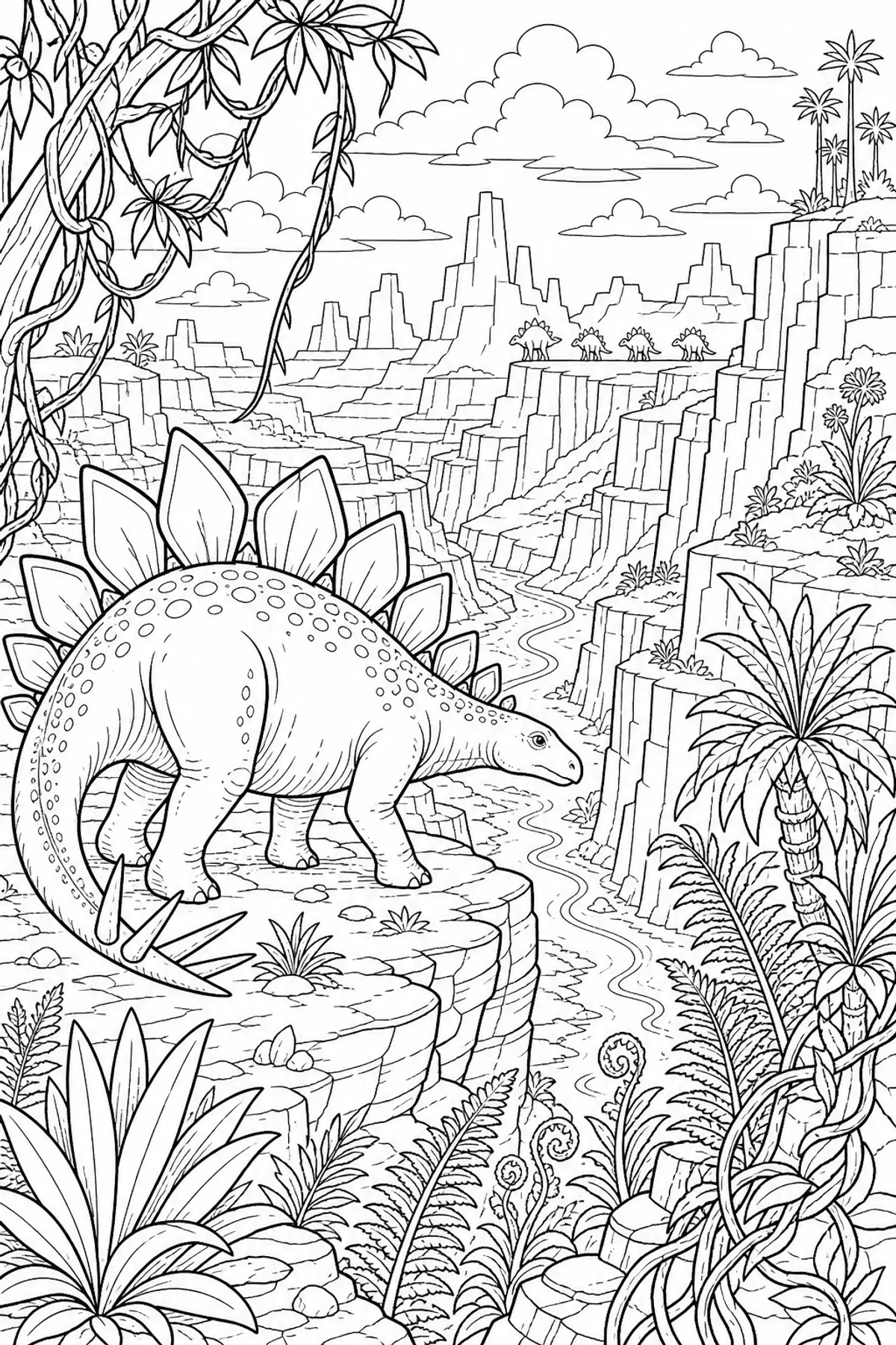 Stegosaurus on a canyon edge detailed coloring page for kids 10 to 12