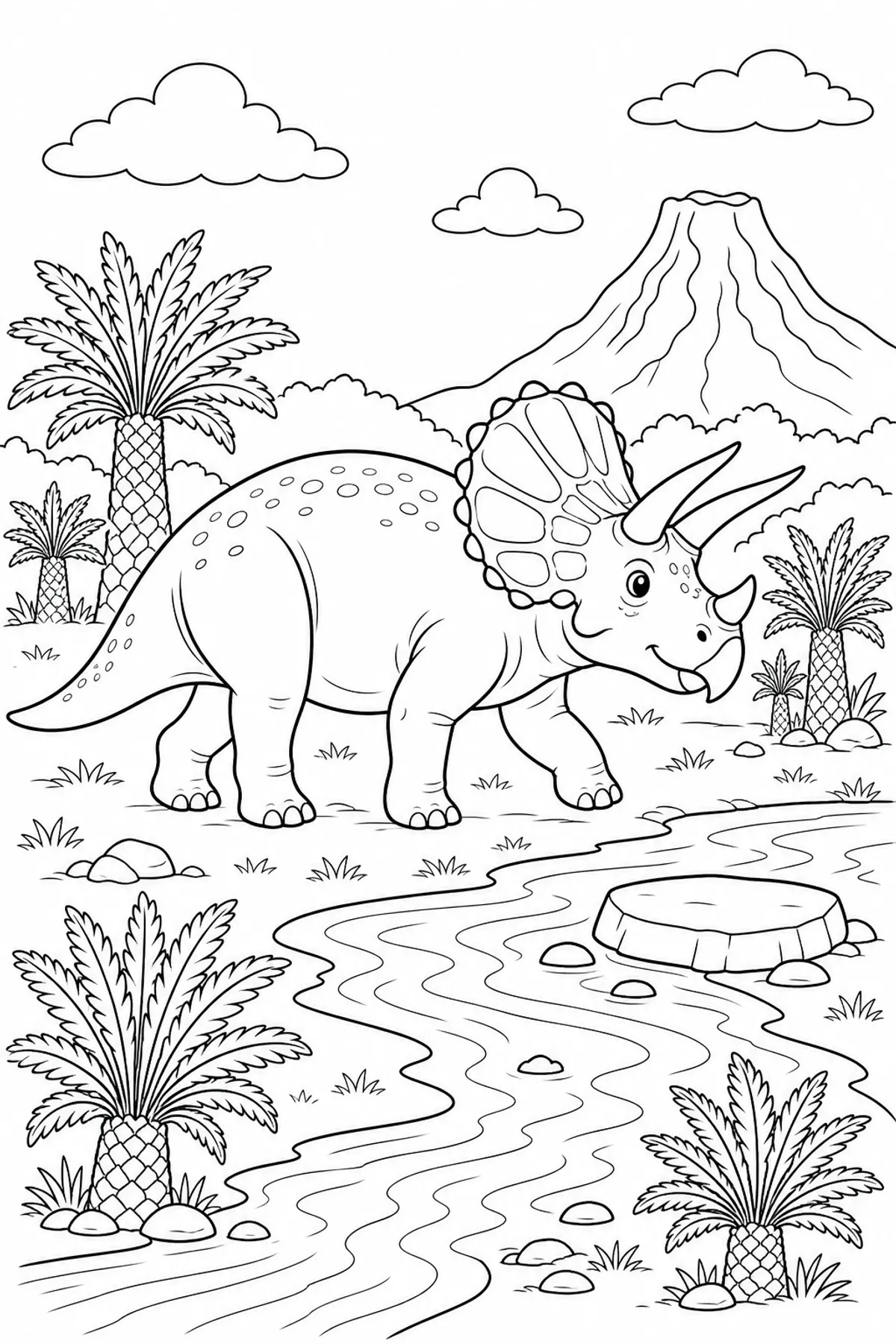 Triceratops walking coloring page with stream and plants for elementary kids