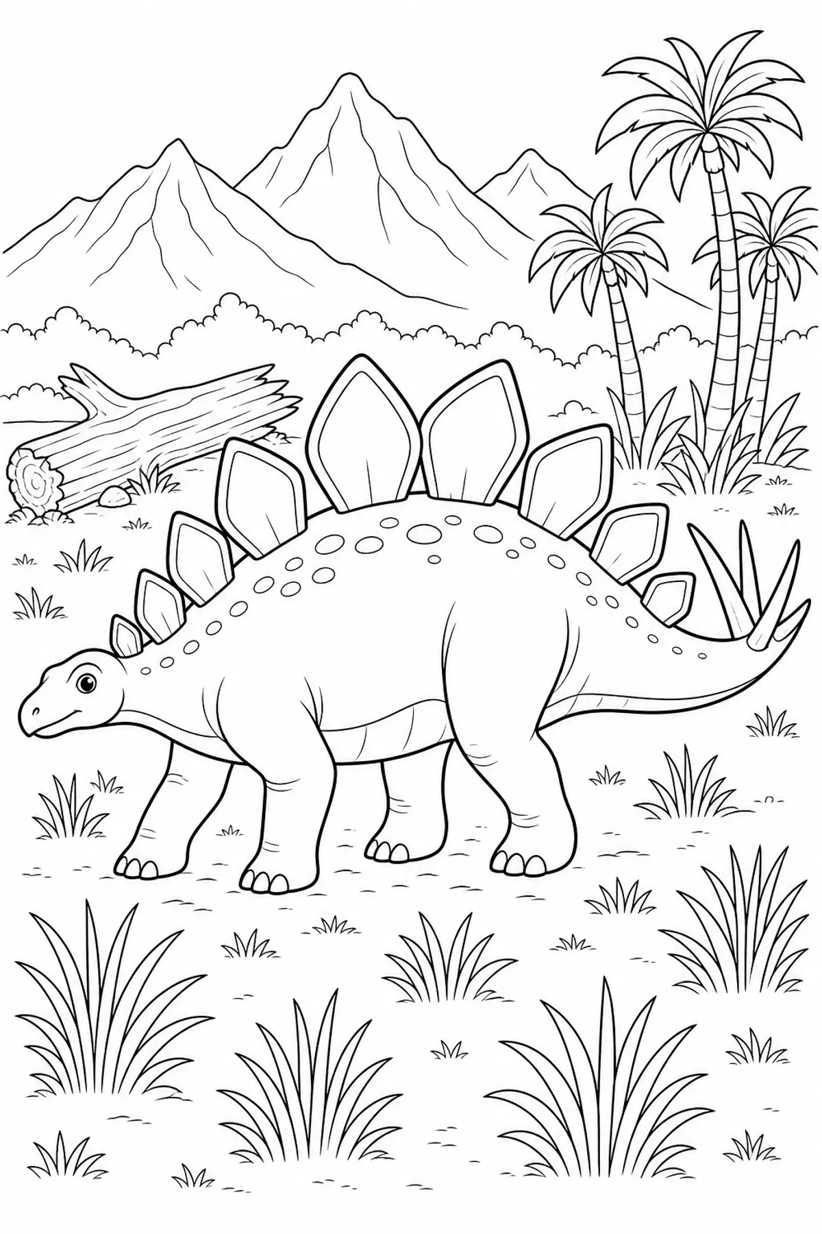 Stegosaurus coloring page with grass and fallen log for kids ages 6 to 9