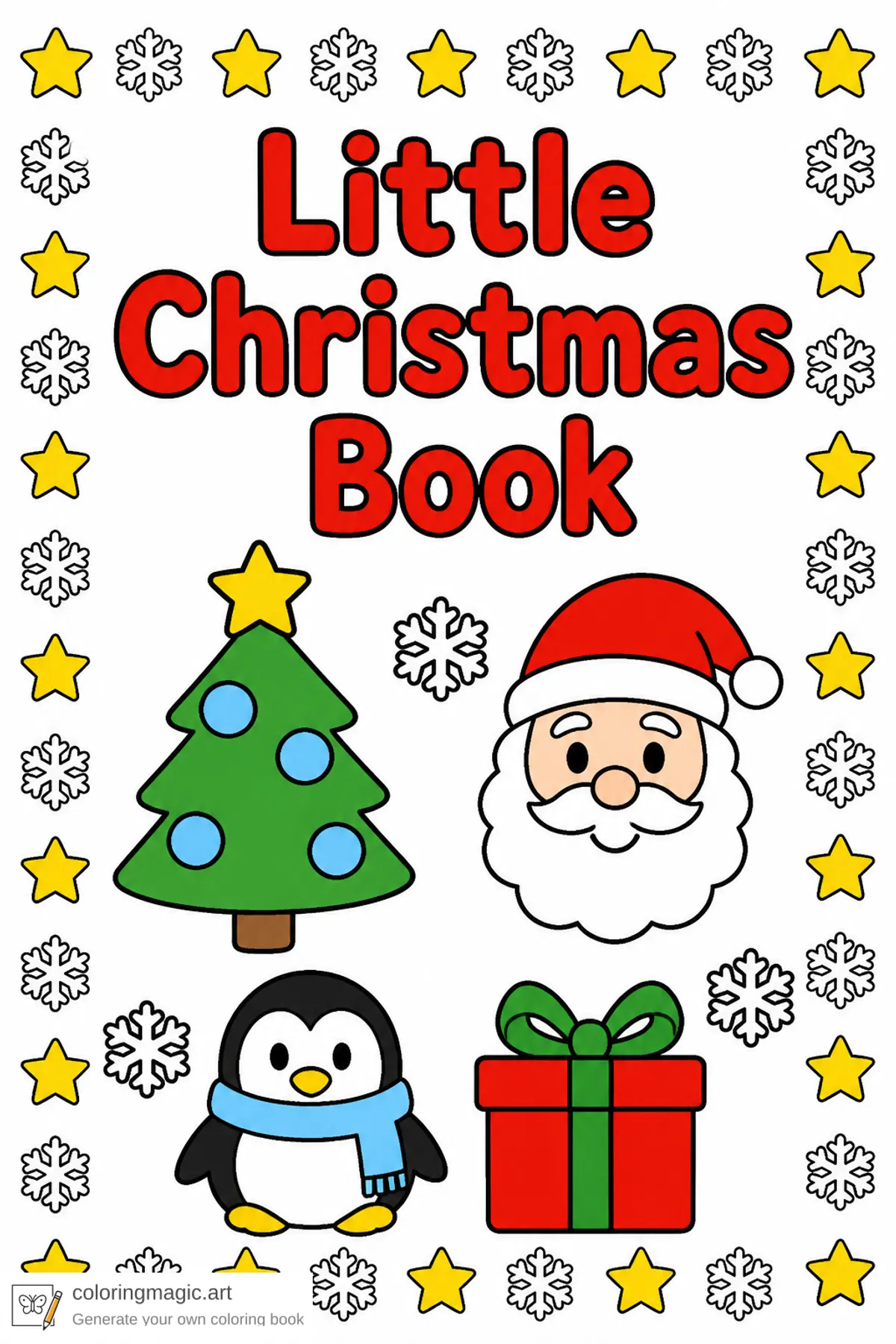 Little Christmas Book front cover with tree, Santa face, penguin, present, and snowflakes