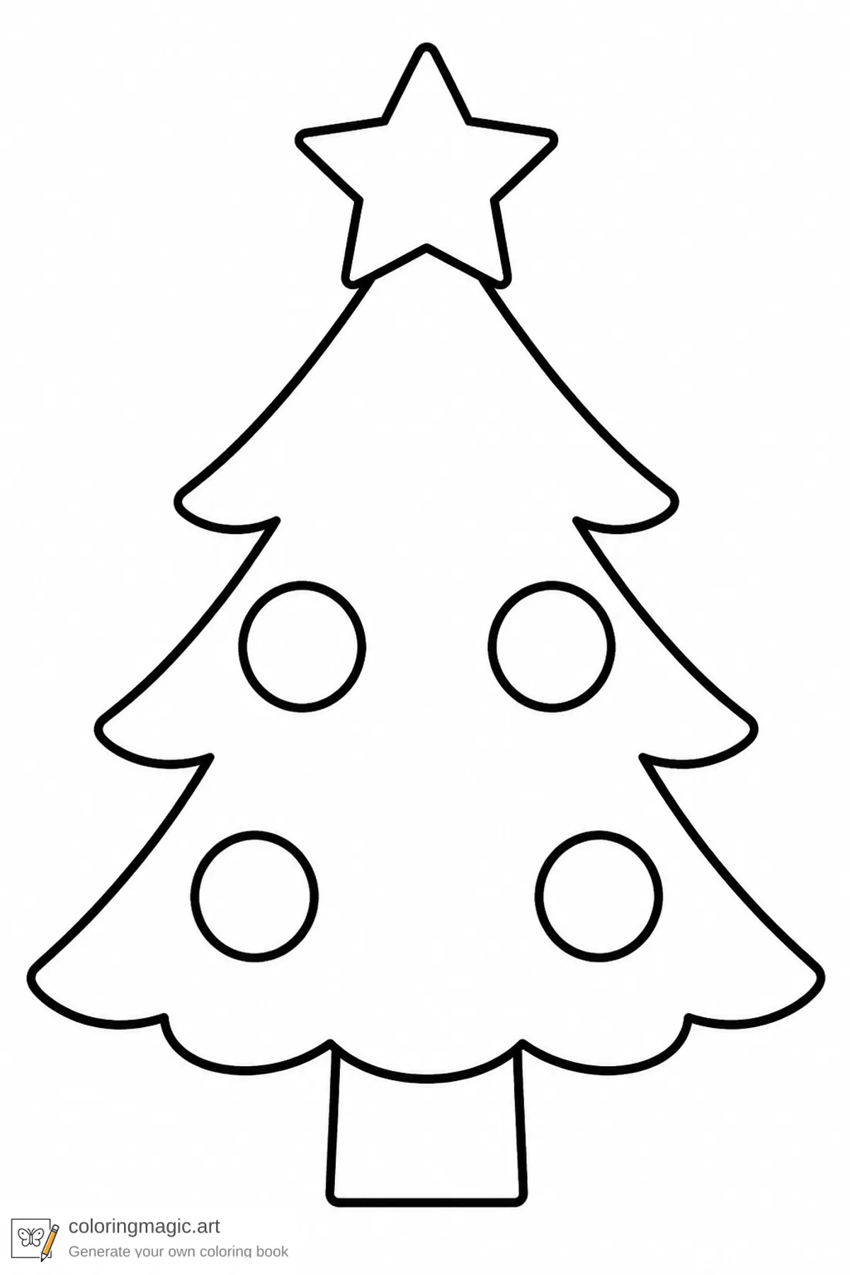 Toddler Christmas coloring page of a large simple Christmas tree with four round ornaments and a star