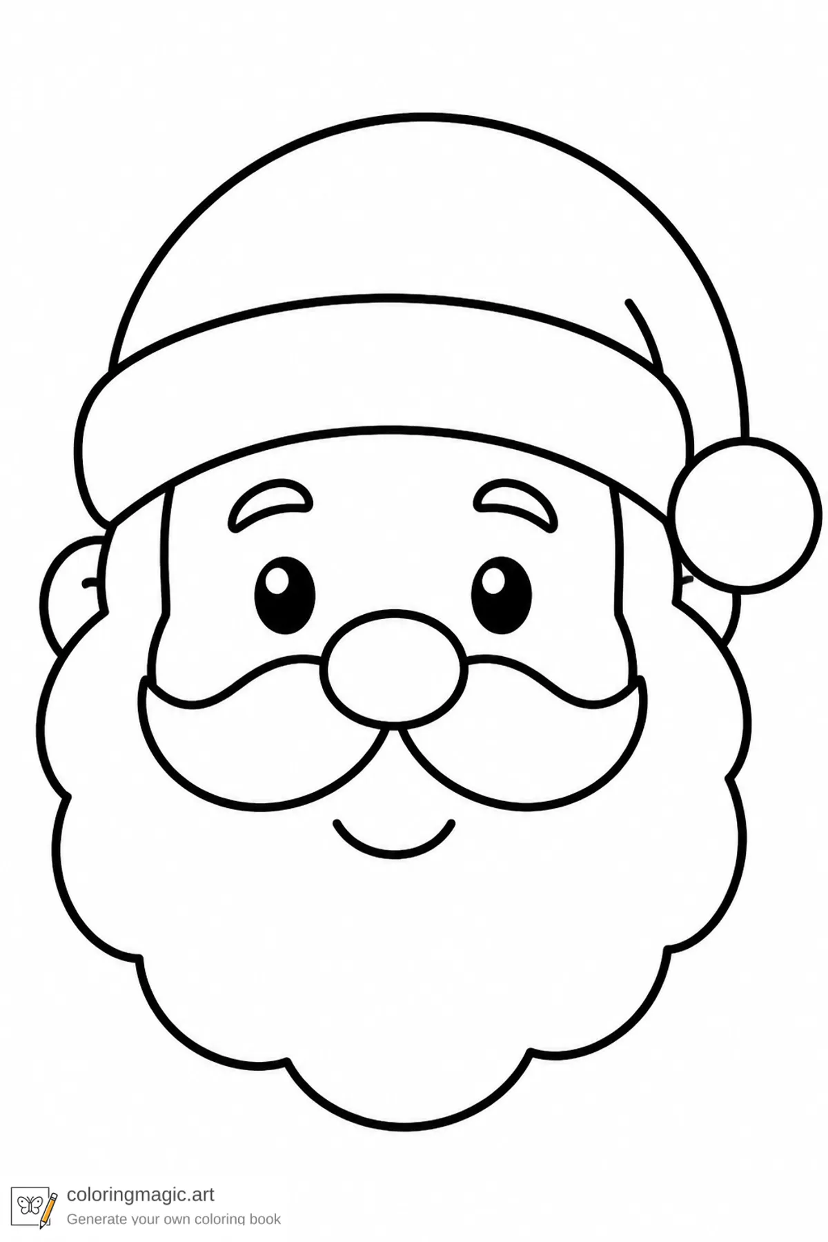 Toddler Christmas coloring page of a large friendly Santa face with round hat beard nose and smile