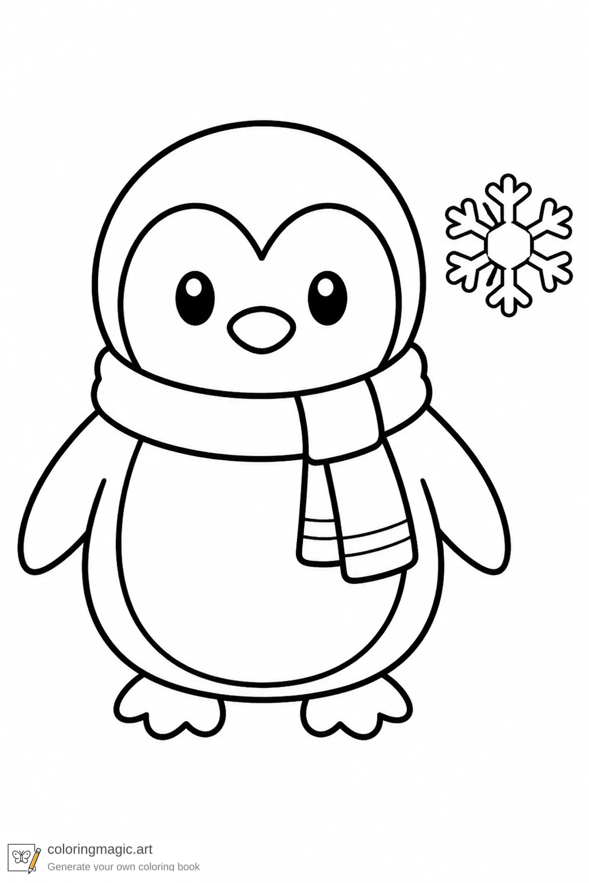 Toddler Christmas coloring page of a round penguin wearing a scarf beside one snowflake