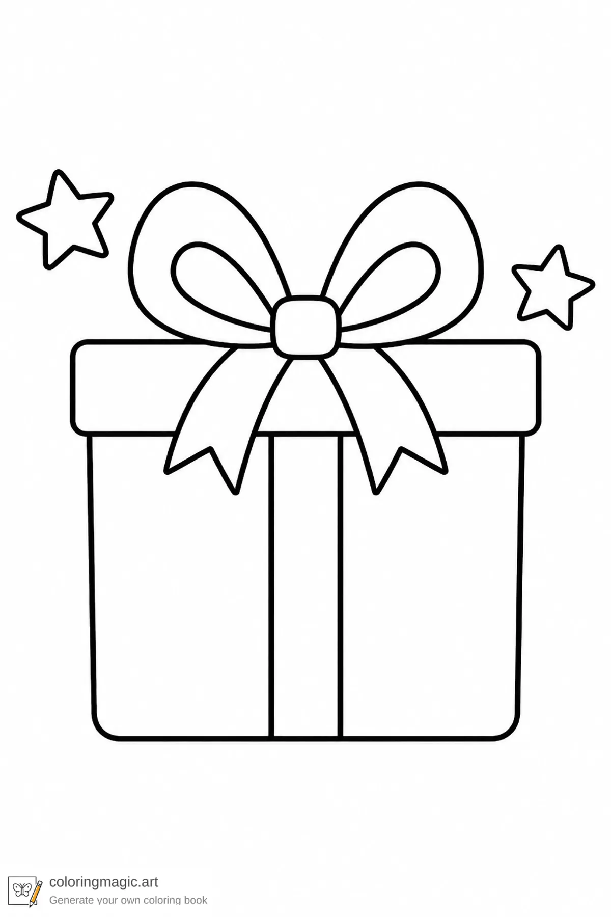 Toddler Christmas coloring page of a large wrapped present with big bow and two stars