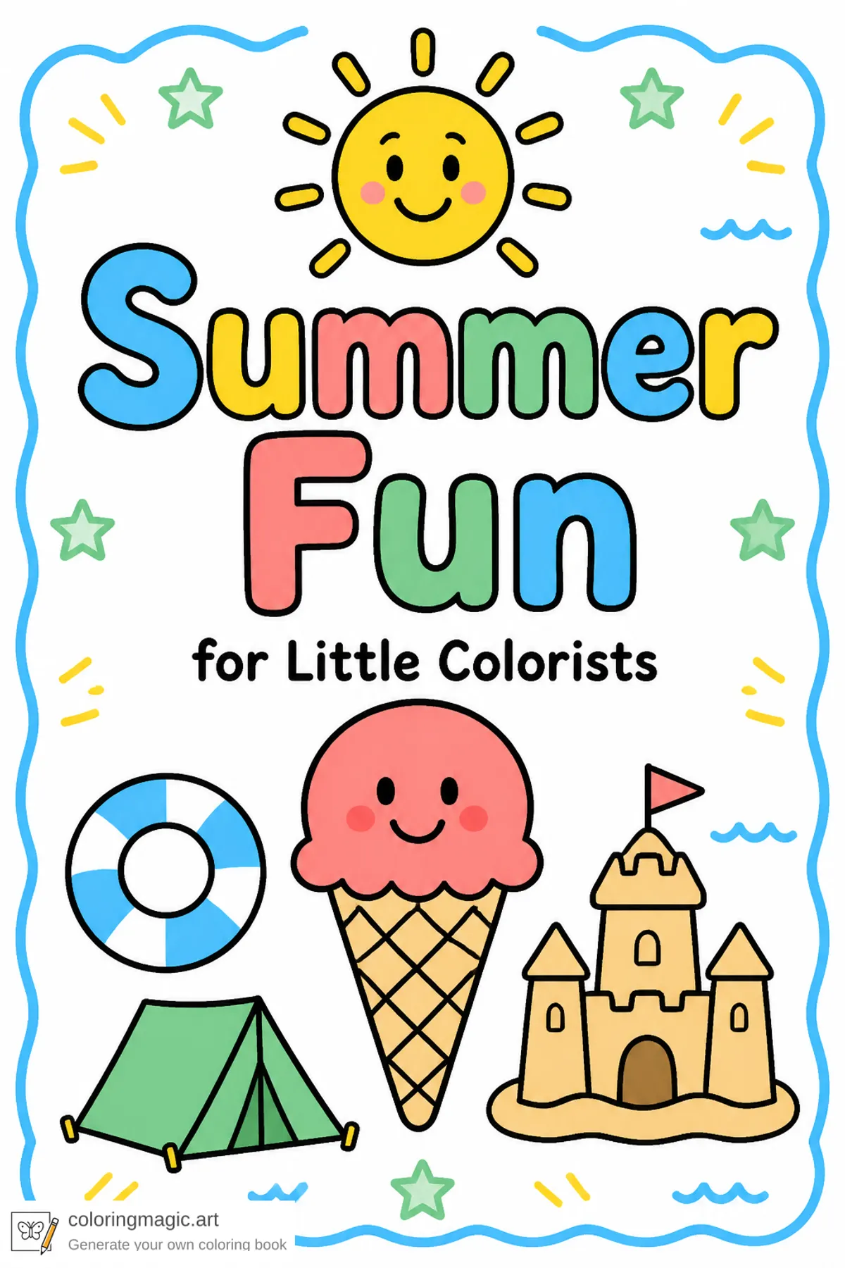 Summer Fun toddler coloring book front cover with sun, ice cream, sandcastle, pool float, and tent