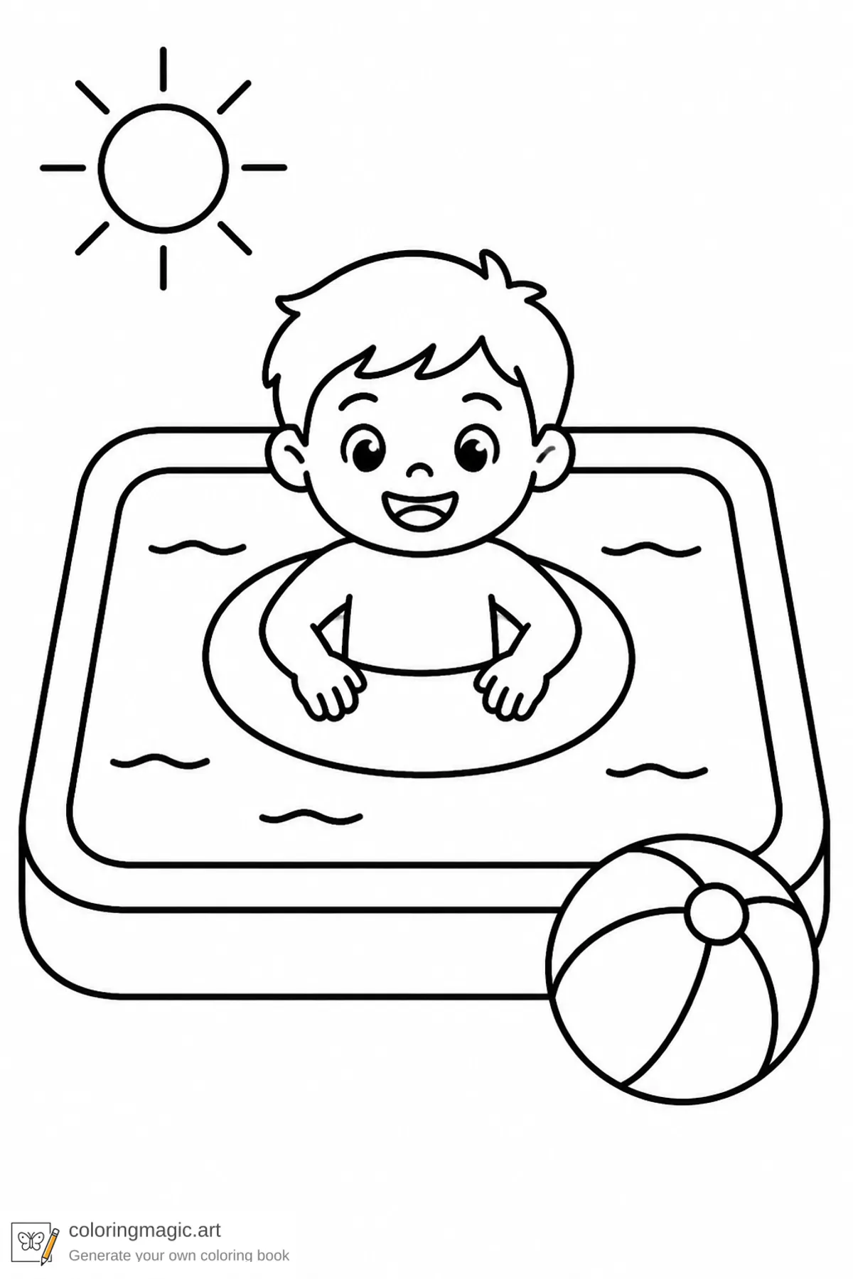 Toddler summer coloring page of a child floating in a round pool float with beach ball and sun