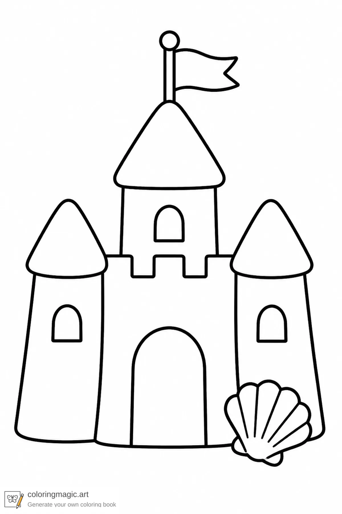 Toddler summer coloring page of a large sandcastle with three rounded towers shell and flag
